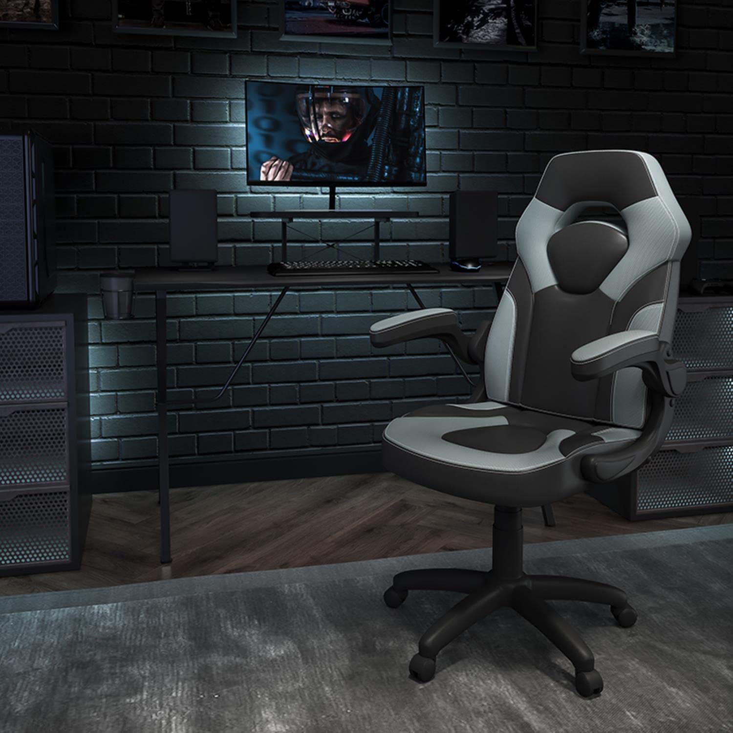 Flash Furniture Black Gaming Desk & Gray/Black Racing Chair Set with Cup Holder, Headphone Hook & Monitor Stand - Perfect for PC Gaming Setup, Home Office & Streaming Stations