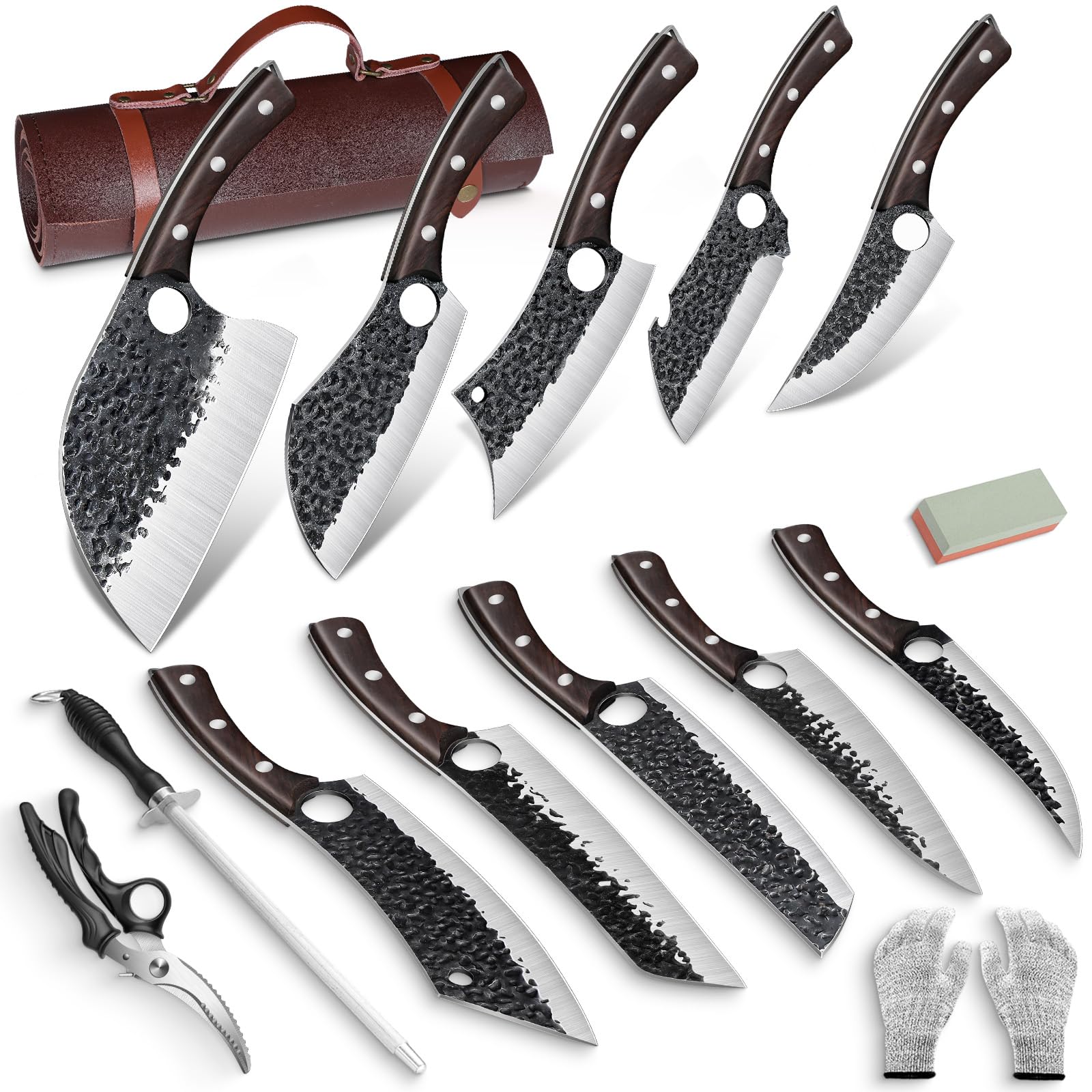 Premium Serbian Chef Knife Set - Hand Forged High Carbon Steel Butcher Knives with Leather Sheath | Professional Meat Cleaver, Boning & Viking Knives for Brisket Trimming | Perfect Gift for Dad & Home Chefs | Ideal for BBQ, Meat Processing & Culinary Enthusiasts