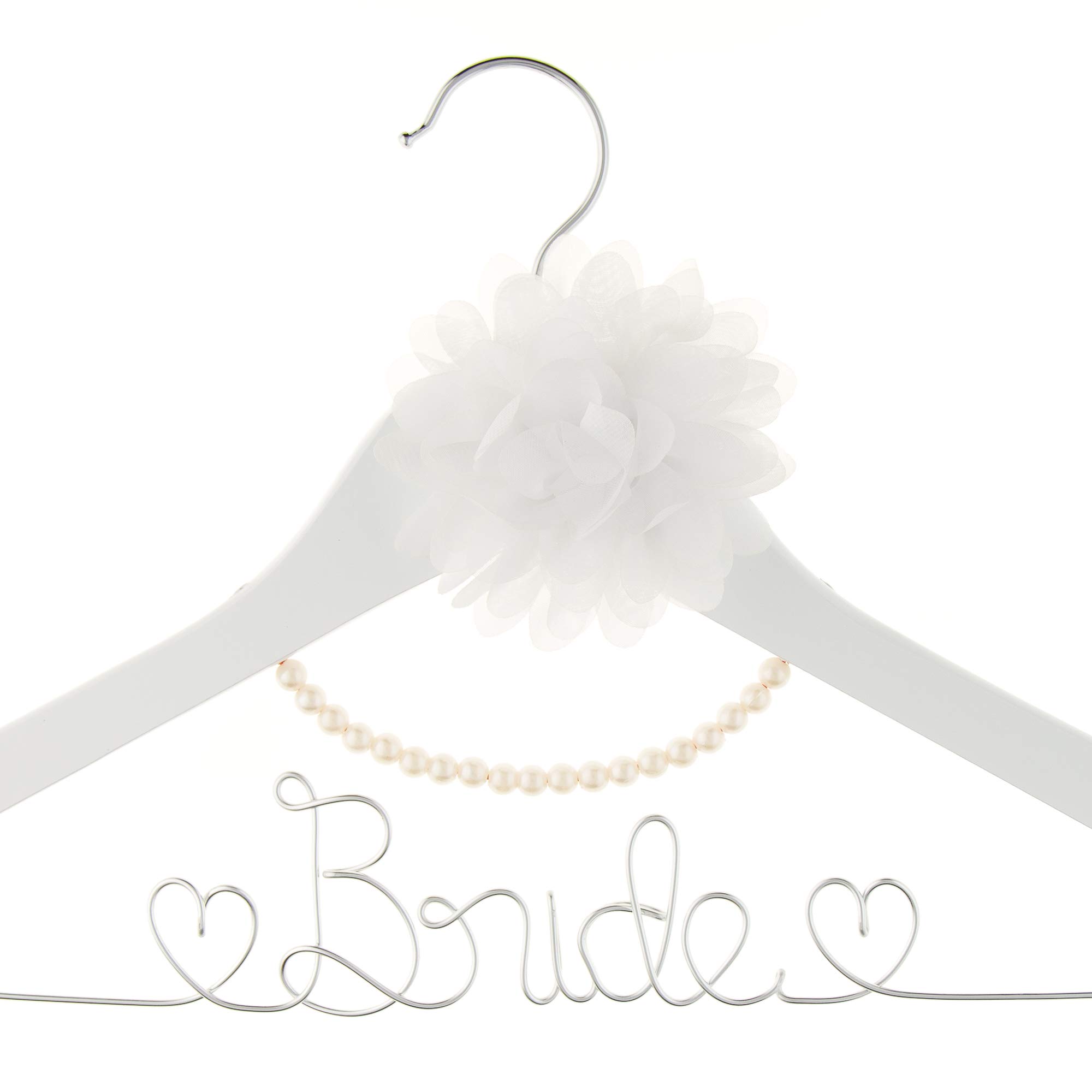 Elegant Wooden & Wire Wedding Dress Hanger for Brides - White with Silver Wire & Pearl Accents | Perfect for Bridal Gowns, Dresses & Photo Shoots