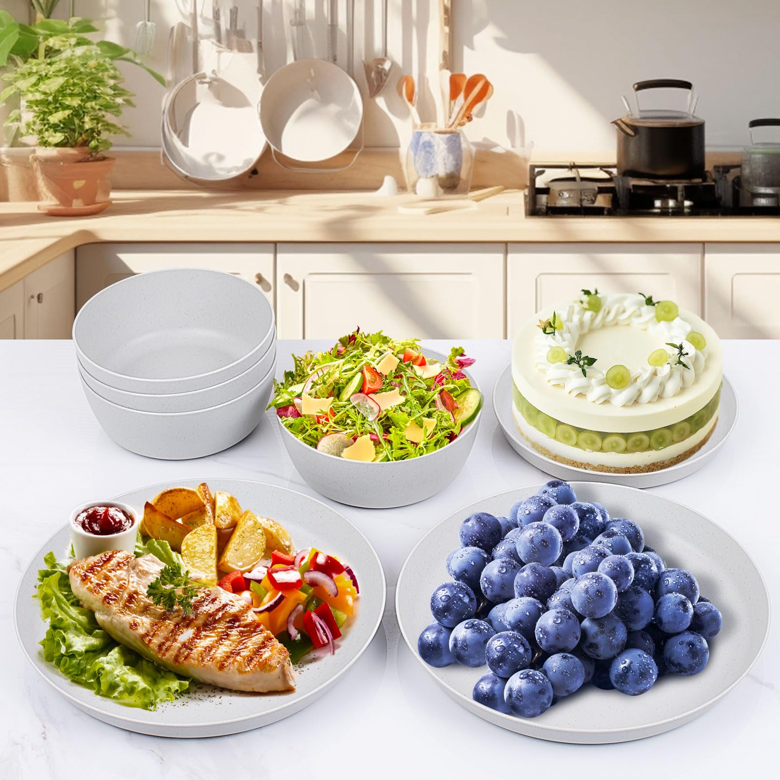 12-Piece Wheat Straw Dinnerware Set - 4 Reusable Unbreakable Plates & Bowls - Eco-Friendly Plastic Dinnerware for Camping, Picnics, Family Dinners & Outdoor Dining