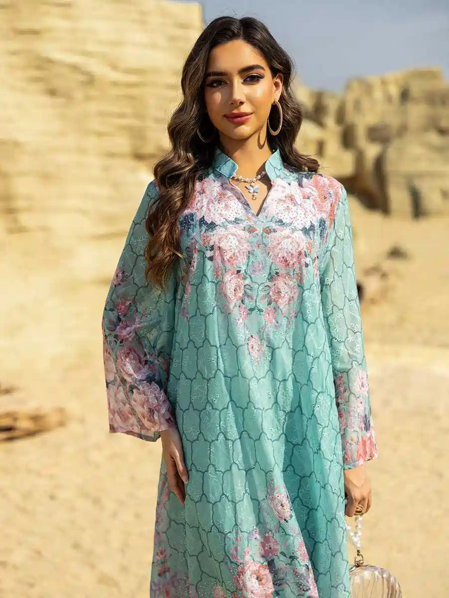 Elegant Eid Dress for Women - Embroidered Caftan Kaftan with Floral Print #25463 - Perfect for Eid Celebrations, Weddings & Special Occasions