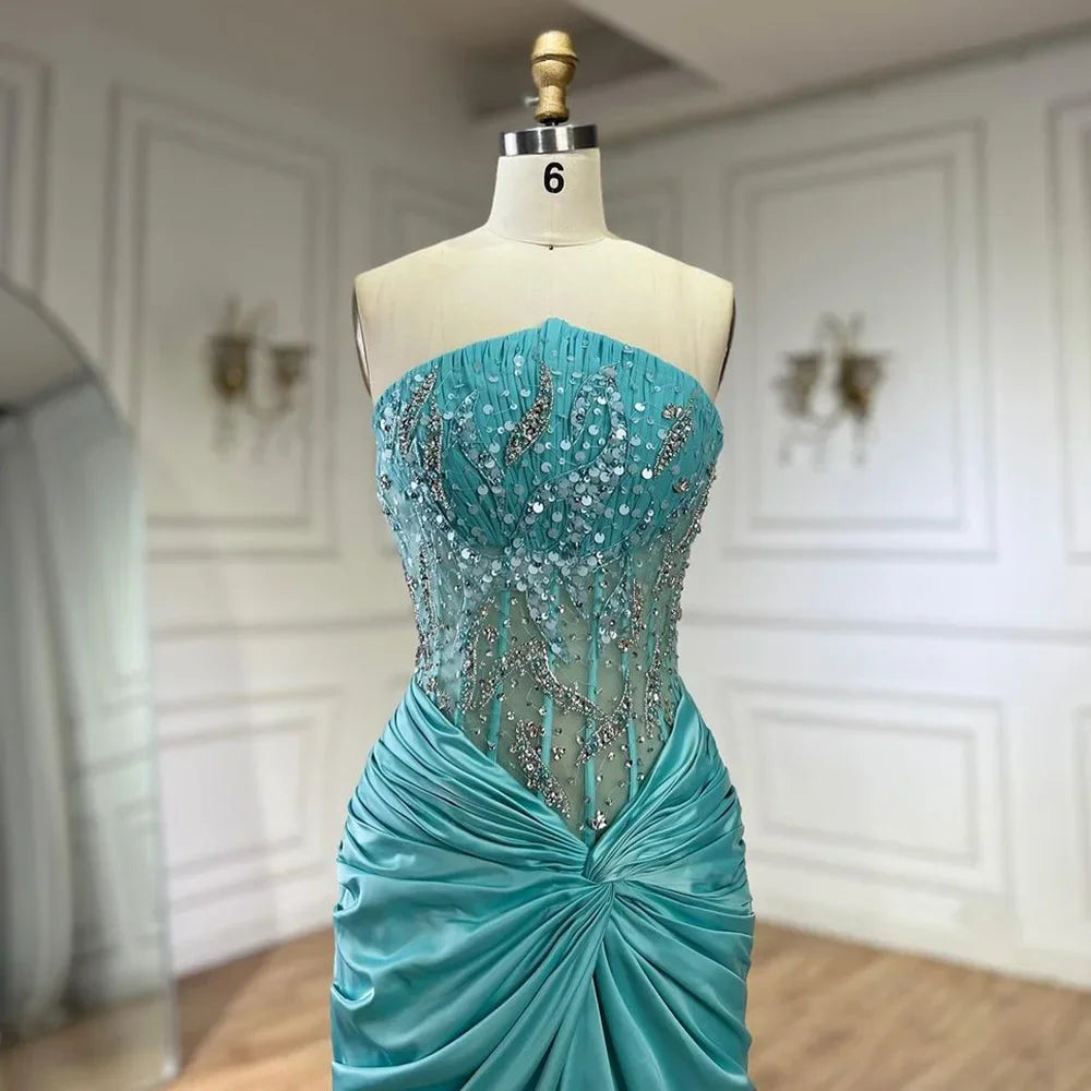 Elegant Blue Split Mermaid Evening Gown with Beaded Details - Luxury Arabic Dubai Style Wedding Dress for Women - Perfect for Formal Parties, Galas & Special Occasions