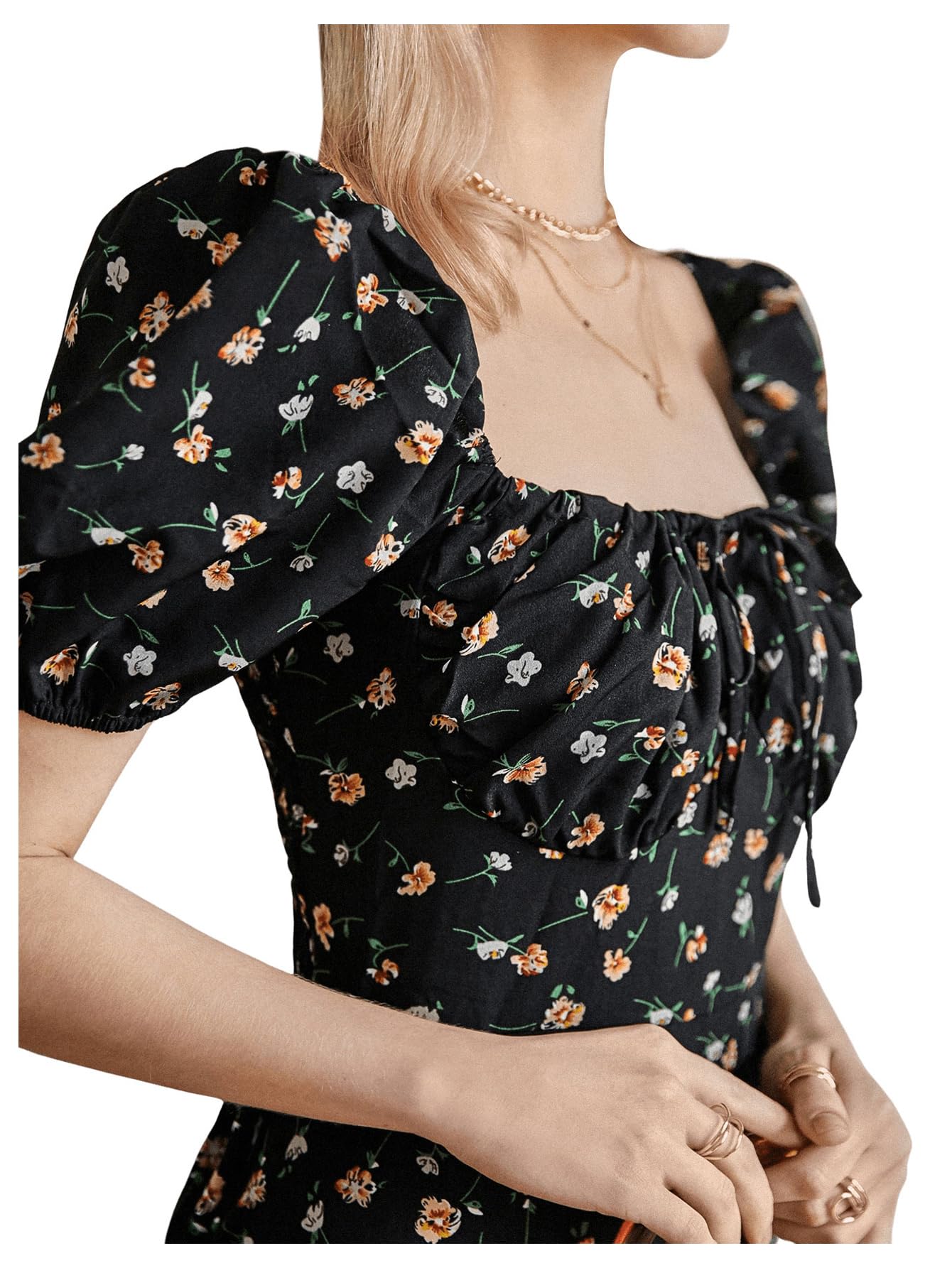 SHENHE Women's Floral Split Thigh Square Neck Puff Short Sleeve Long Boho Dress - Summer Beach Party, Vacation, Date Night Outfit