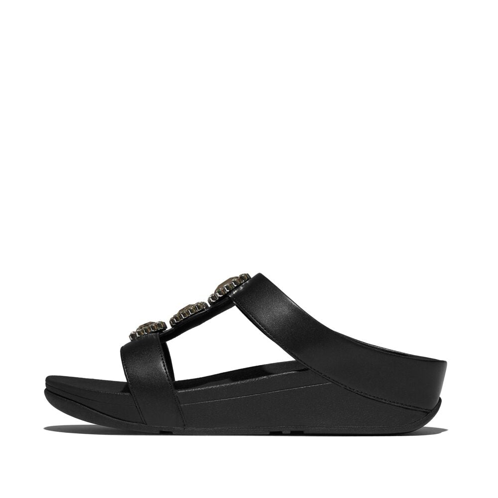 FitFlop Fino Crystal Jewel H Bar Slide Sandals for Women - All Black | Comfortable Summer Beach Sandals with Crystal Accents for Casual Wear & Vacation