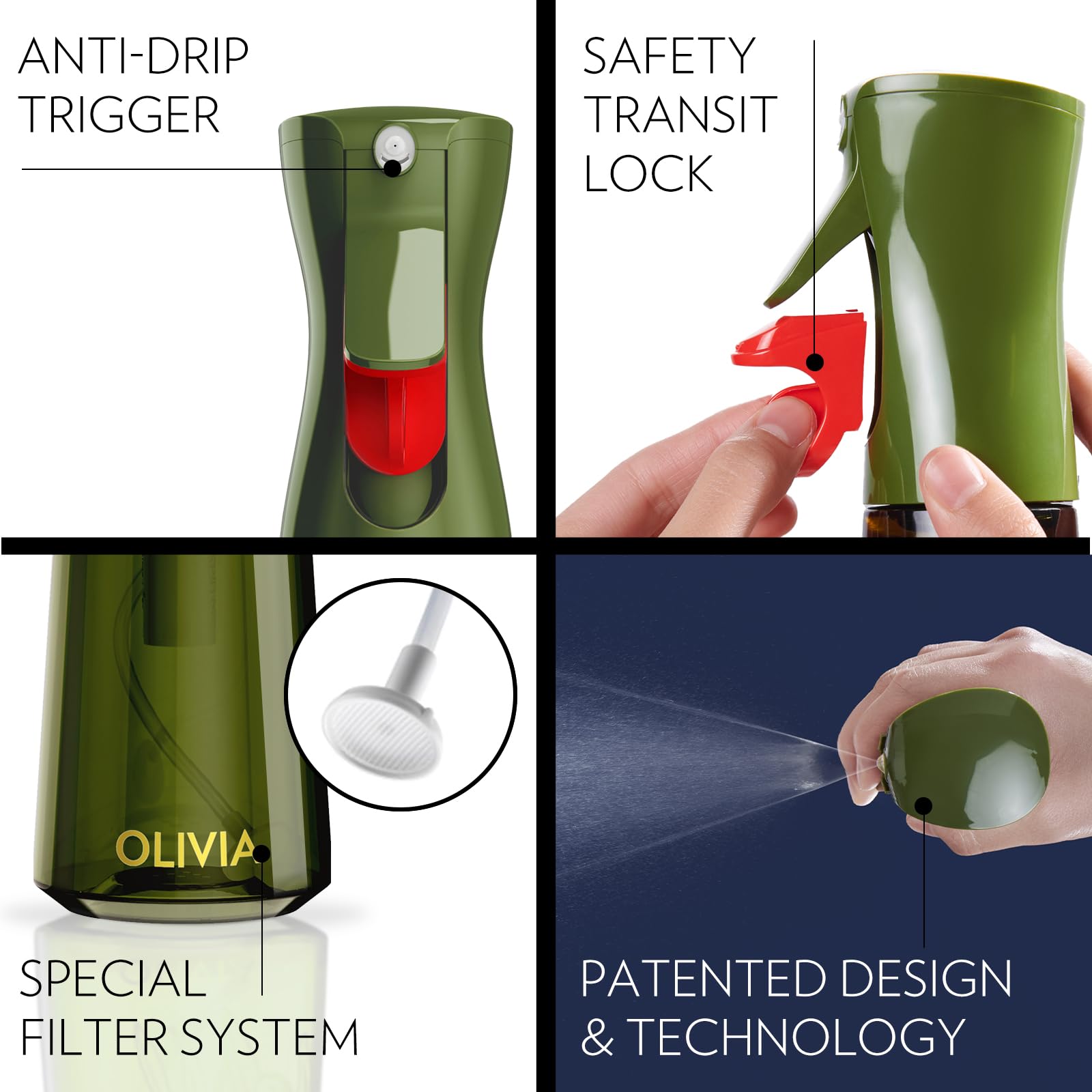 FLAIROSOL OLIVIA 200ml Glass Oil Sprayer for Cooking - Continuous Mist Olive Oil Dispenser with Portion Control - Perfect for Air Fryer, Salad, BBQ & Healthy Cooking (Green Bottle with Gold Print) - Ideal for Kitchen, Baking & Meal Prep