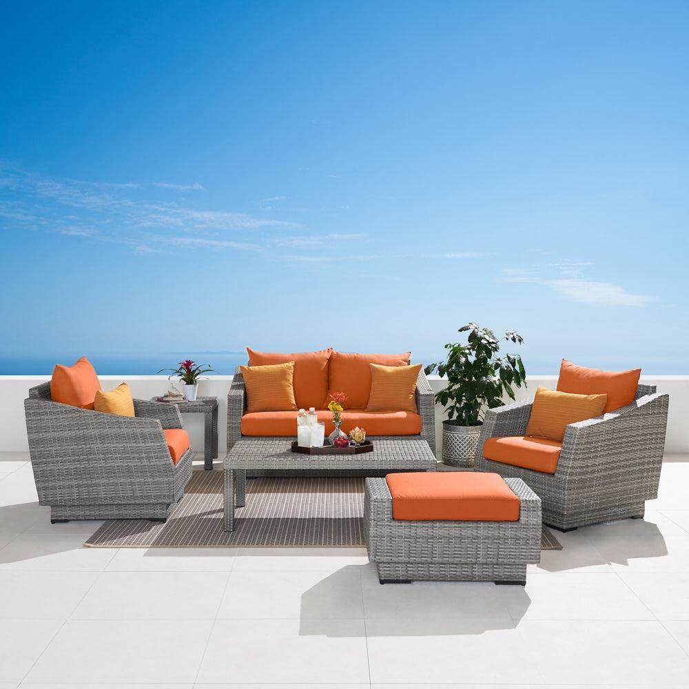 RST Brands Cannes 6-Piece Outdoor Patio Furniture Set - Sunbrella Fabric Loveseat & Club Chairs with Side Tables, Adjustable Feet & Fade-Resistant Cushions - Resin Wicker Conversation Set in Ginkgo Green for Backyard, Garden or Poolside Relaxation