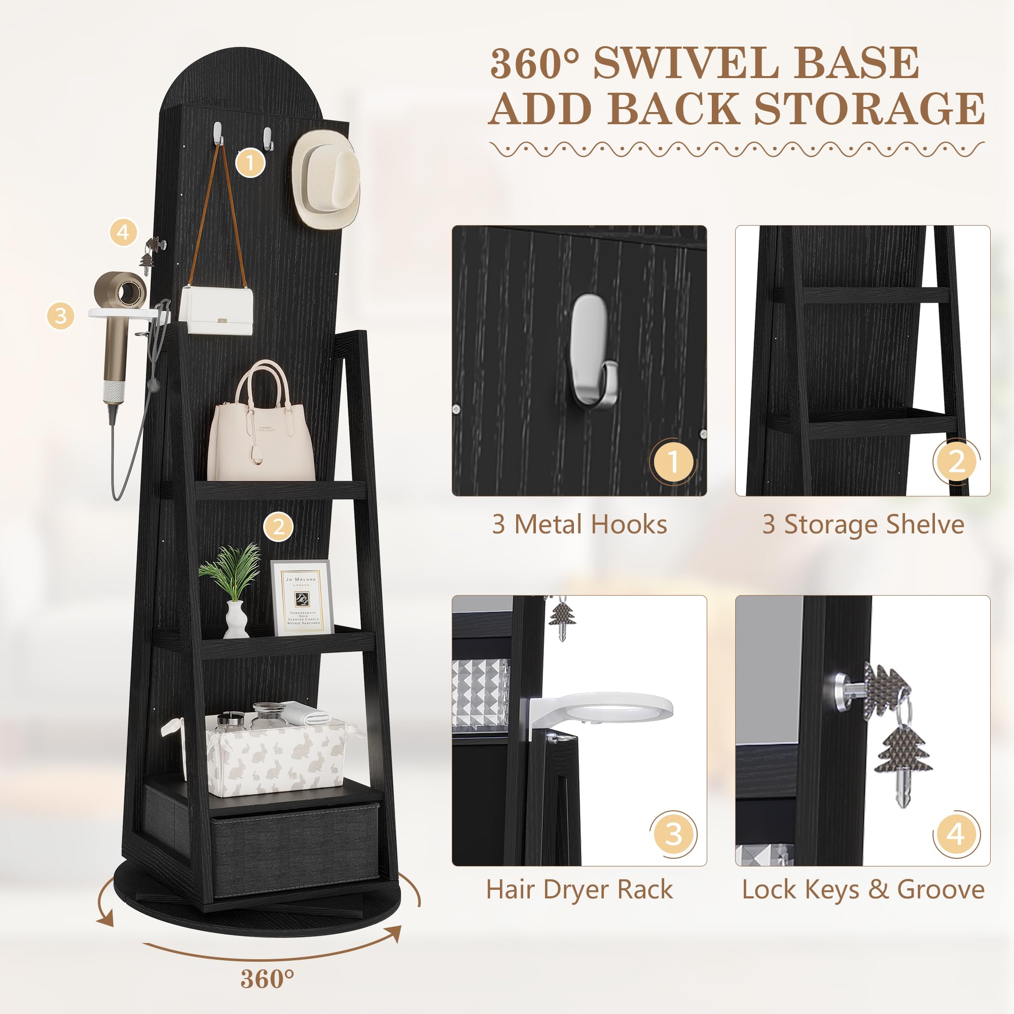 360° Swivel Arched Jewelry Mirror Cabinet with LED Lights - 64