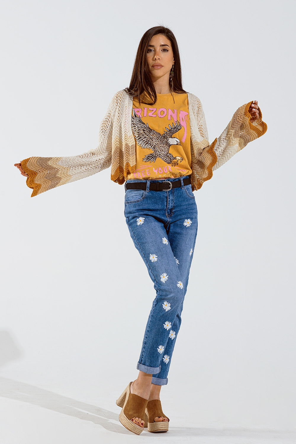 Beige Angel Sleeve Knit Cardigan with Multicolor Wave Design - Perfect for Casual Outfits, Office Wear, and Cozy Evenings