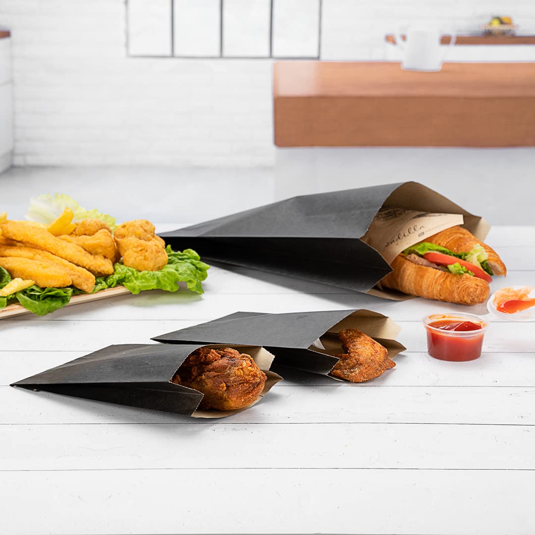 100-Pack Disposable Black Kraft Paper Snack Bags 4.3x1.5x6.3 Inch - Greaseproof Food Bags for French Fries, Popcorn, Cookies | Eco-Friendly Takeout Bags for Restaurants, Cafes & Movie Nights