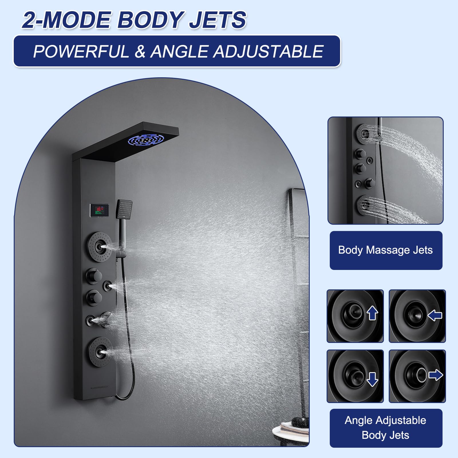 ROVATE 6-in-1 Matte Black LED Shower Panel Tower System with Rainfall Shower Head, Body Jets, Handheld Spray & Digital Temperature Display - High Pressure Shower Column with Tub Spout for Spa-Like Bathroom Experience
