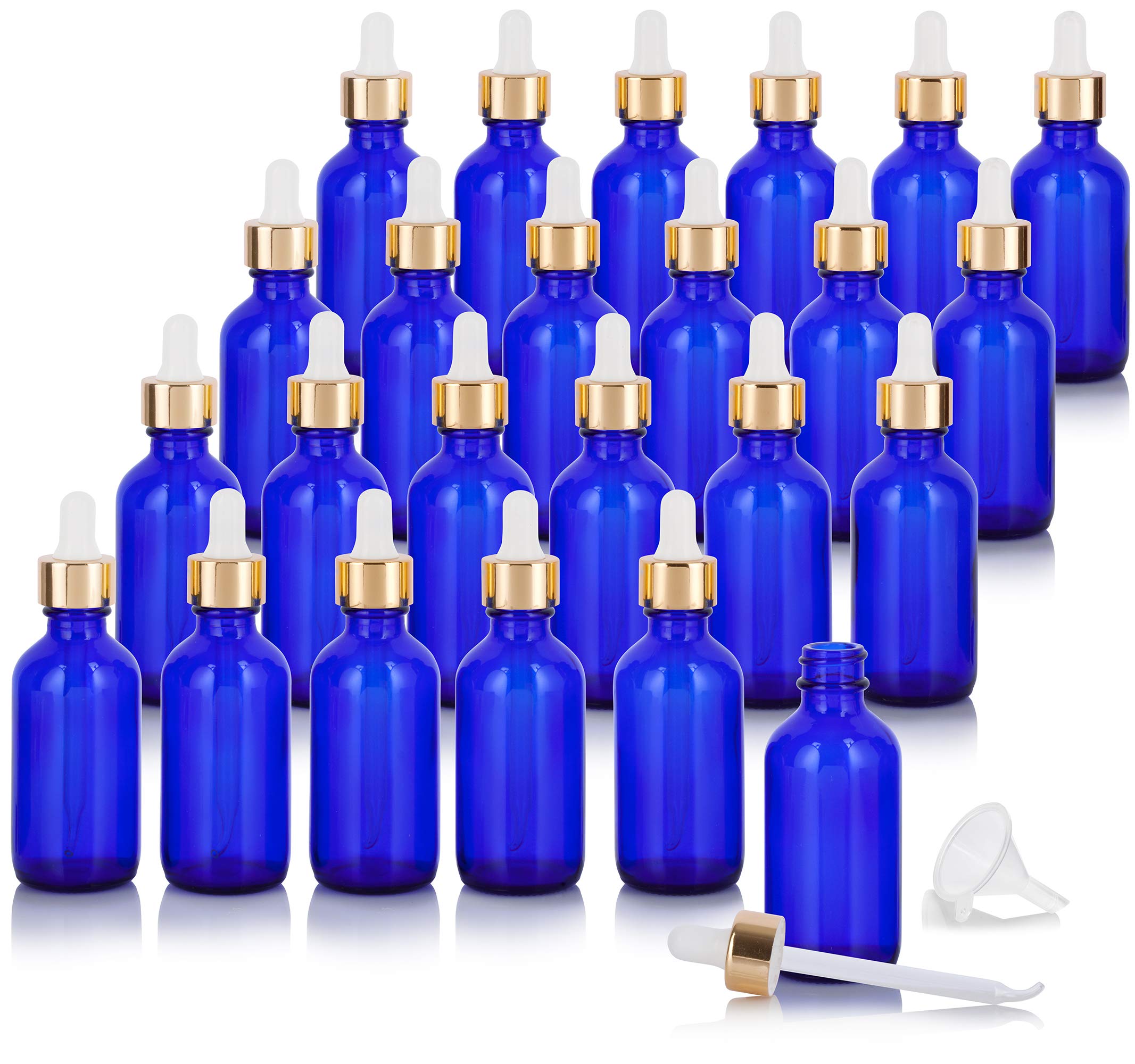 JUVITUS 2 oz Cobalt Blue Glass Bottles with Gold Metal Dropper - 24 Pack Boston Round Essential Oil Bottles with Glass Dropper & Funnel for DIY, Aromatherapy, and Skincare