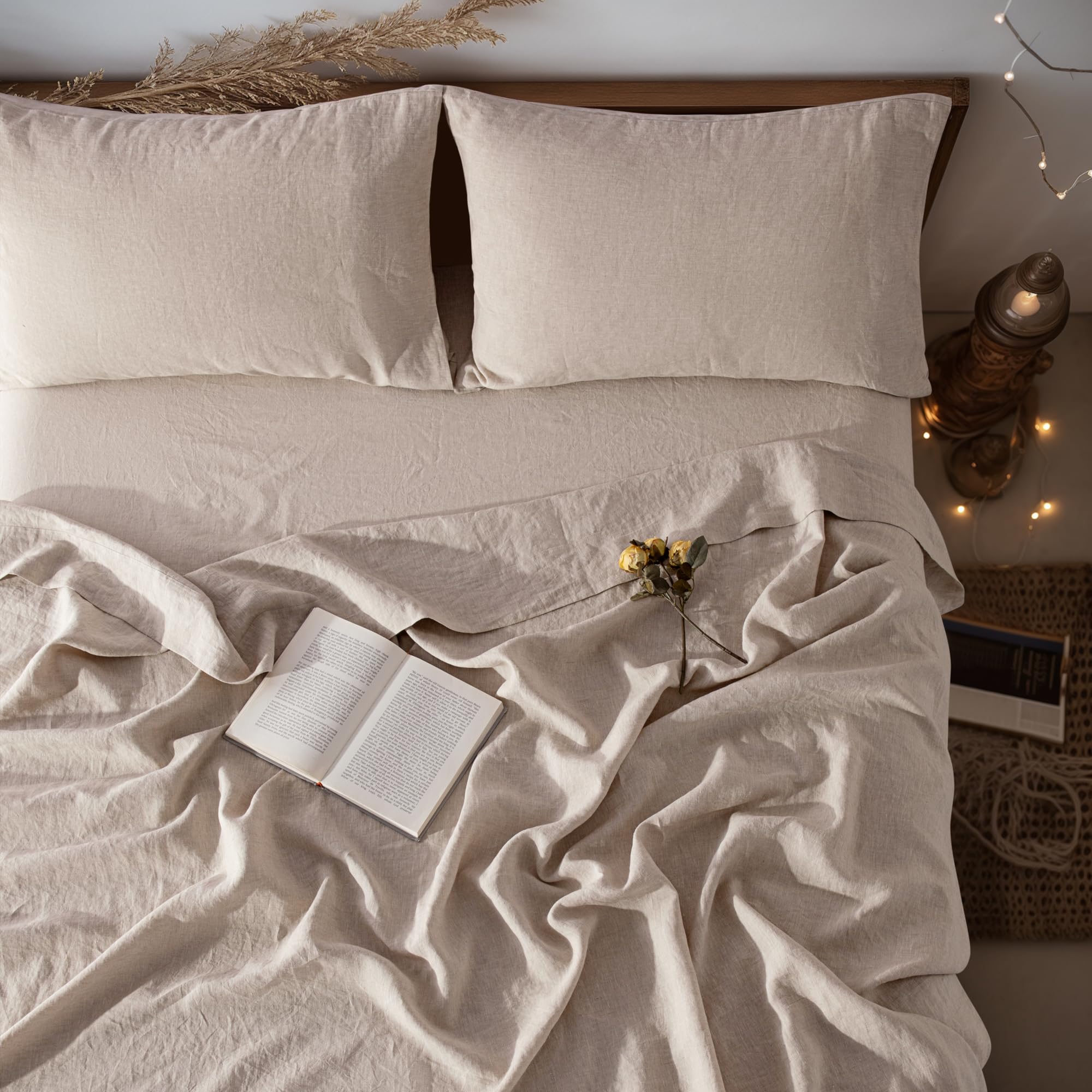 Premium 100% Linen Sheet Set Queen Size - 4 Piece Breathable Flax Bedding Set with 16