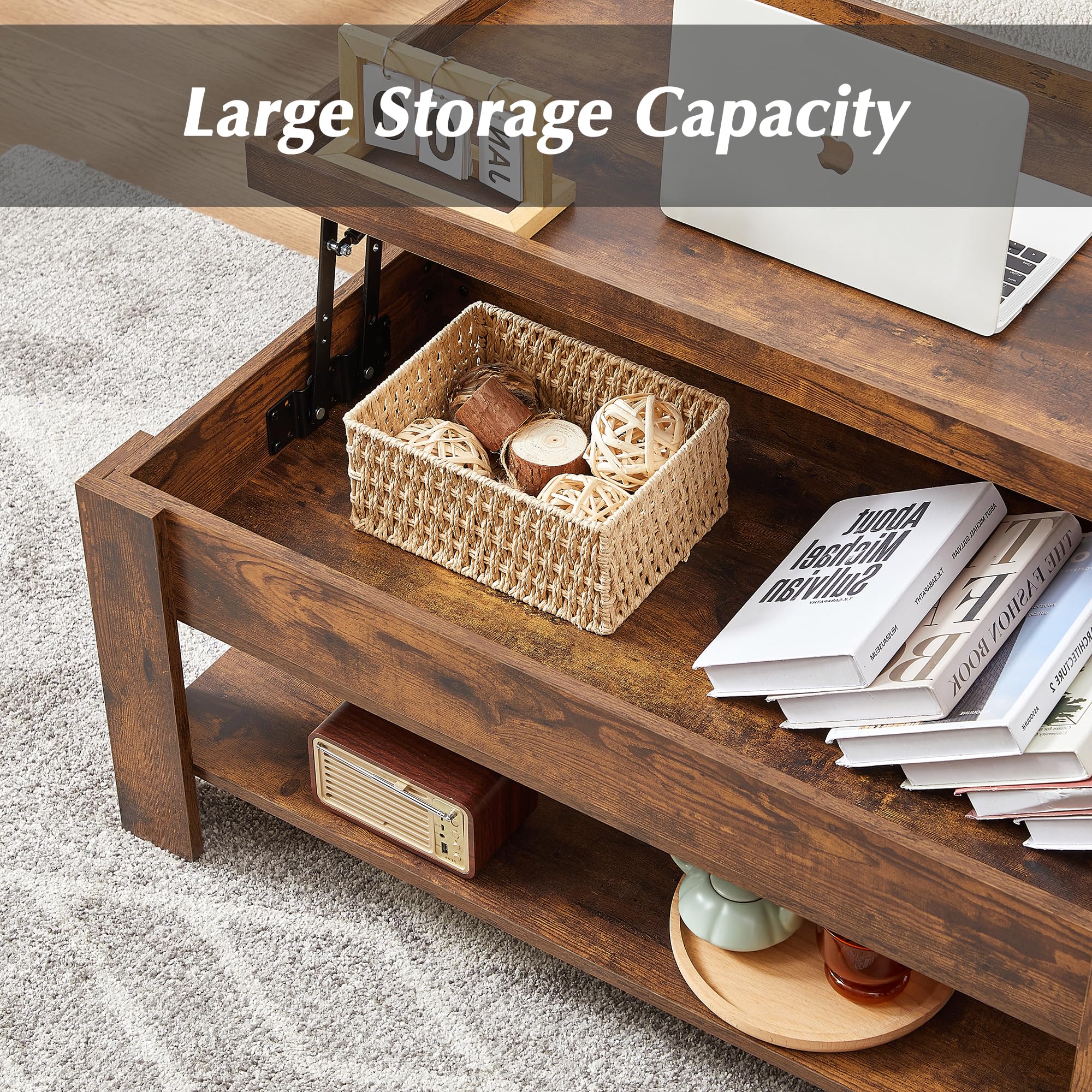 VECELO Lift Top Coffee Table with Storage Shelf & Hidden Compartment - Modern End Table for Living Room, Office Reception - Black & Brown - Perfect for Small Spaces, Home Decor & Workspace Organization