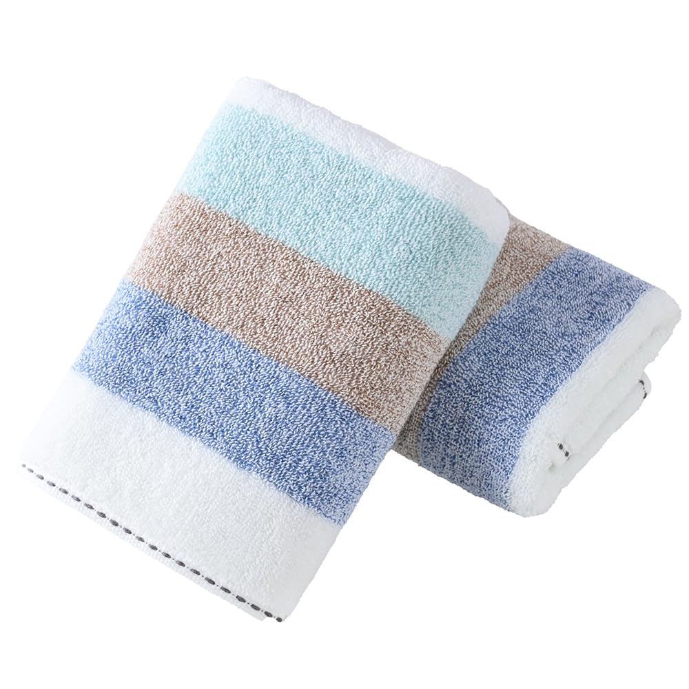 YiLUOMO 2-Pack Blue Striped Cotton Hand Towels - 13x29 Inch, 100% Premium Soft & Absorbent Bath Towels for Kitchen, Bathroom & Guest Use - Quick-Drying Decorative Towel Set for Spa, Gym & Home Decor