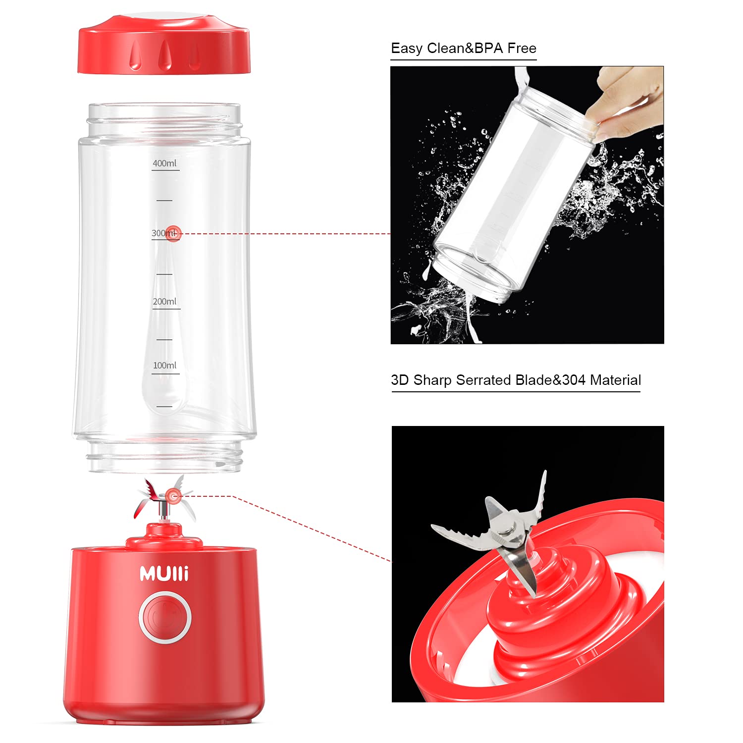 Mulli Portable USB Rechargeable Mini Blender - 6 Blade Personal Smoothie Maker for Shakes, Baby Food, Travel & Gym | Compact Blender for Kitchen, Office, Camping & Outdoor Activities
