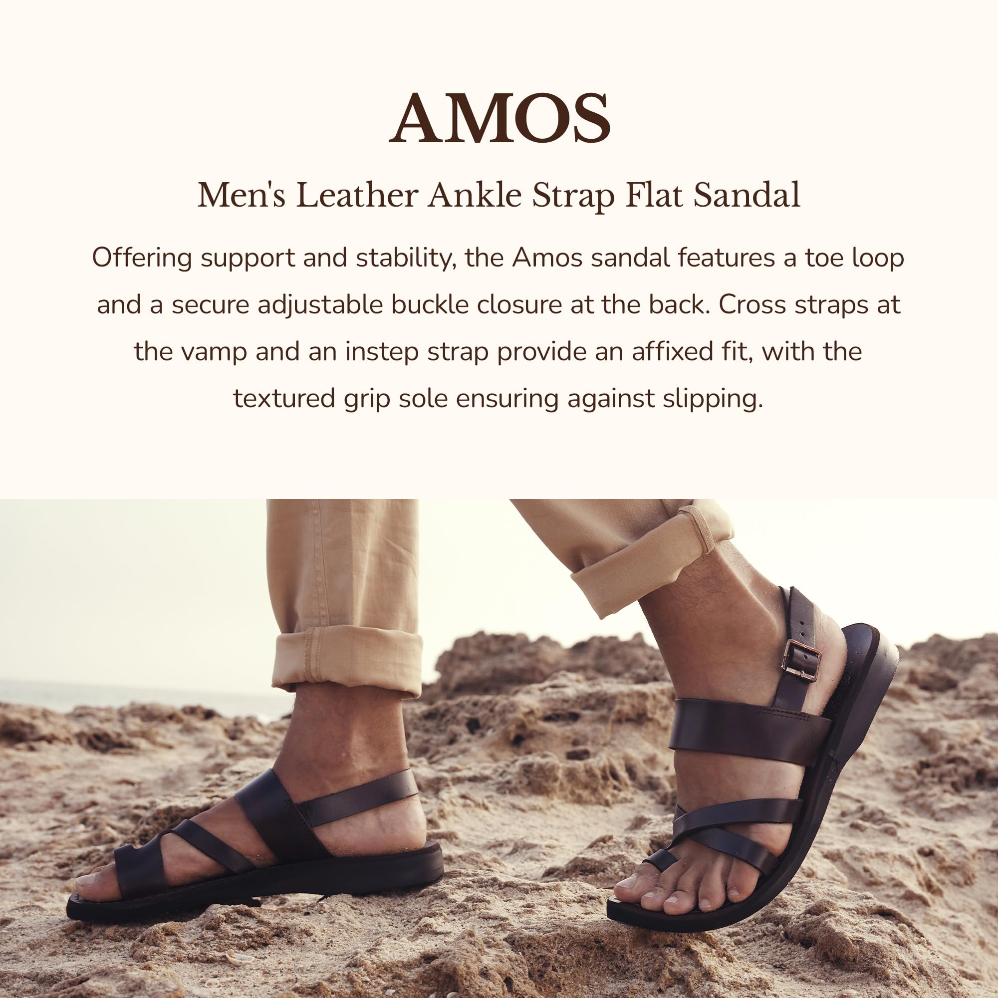 Amos Men's Leather Ankle Strap Flat Sandals - Comfortable Casual Summer Shoes for Beach, Walking & Outdoor Activities