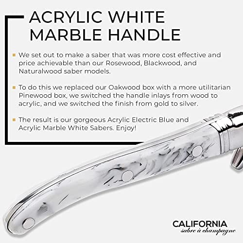 Premium California Champagne Saber - Handmade French Laguiole Style Sword with Marble White Handle | Elegant Pinewood Gift Box | Luxury Champagne Bottle Opener for Weddings, Celebrations & Special Occasions