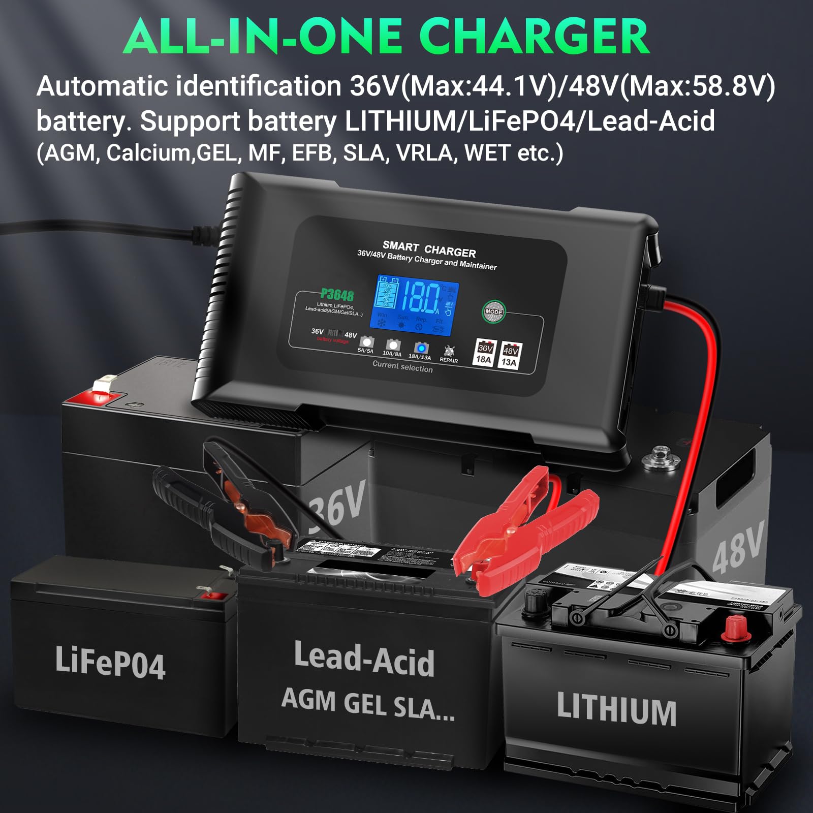 36V/48V Golf Cart Battery Charger - 18A/13A Smart Charger with 3-Pin Round Plug for Club Car, Compatible with Lithium, LiFePO4, Lead-Acid AGM/Gel/SLA Batteries - Perfect for Golf Course, RV & Marine Use