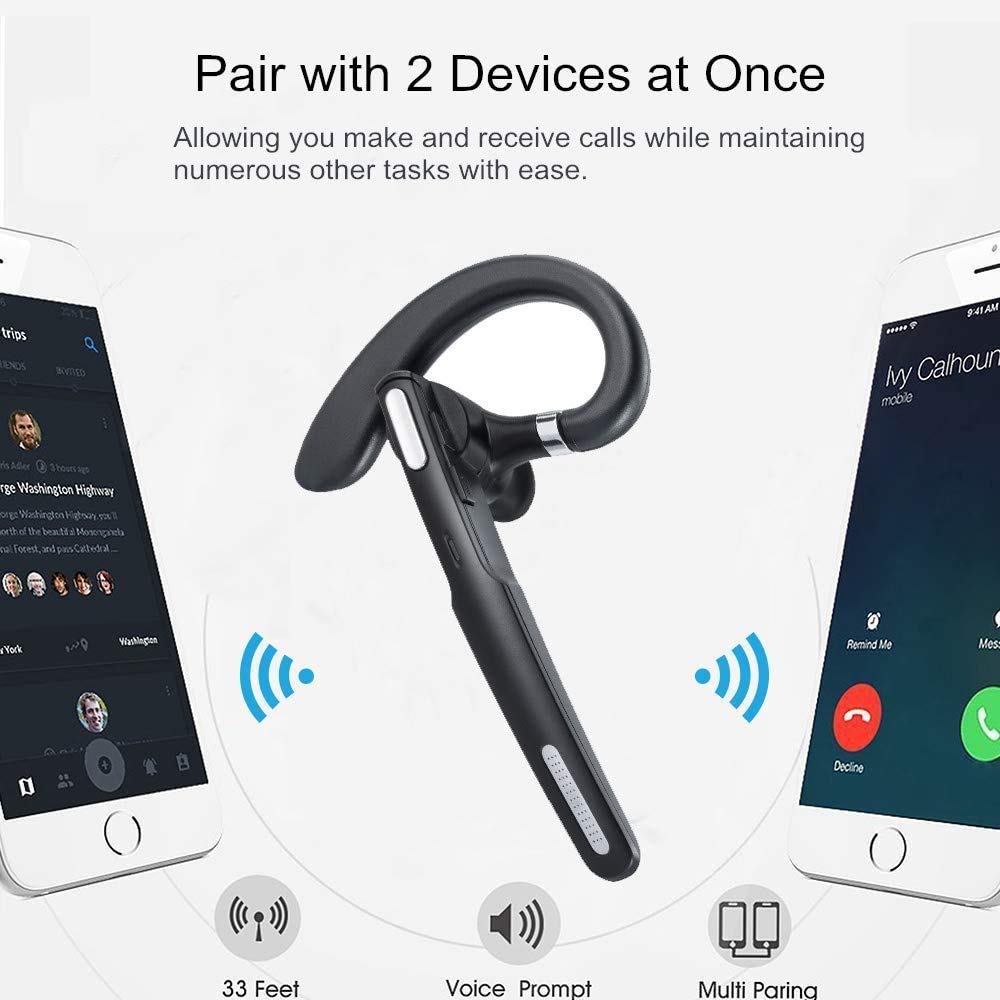 Wireless Bluetooth Headset V5.0 with Noise Cancelling Mic - 8-10 Hours Talk Time, Stereo Sound for iPhone & Android Phones - Perfect for Driving, Business Meetings & Office Work (Black)