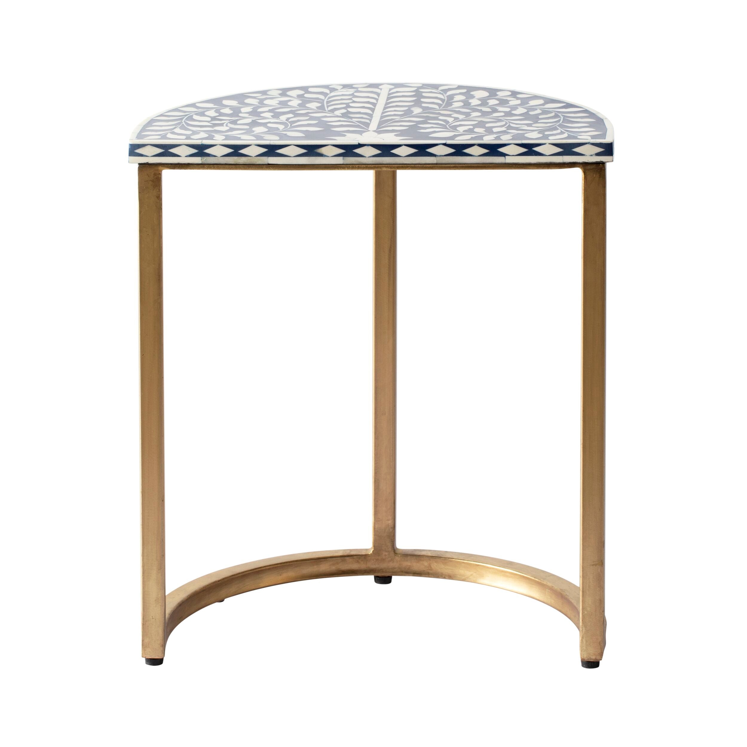Exquisite Blue and Gold Bone Inlay Half Moon Side Table - 44cm Handcrafted Accent Table for Living Room, Bedroom, or Entryway Decor