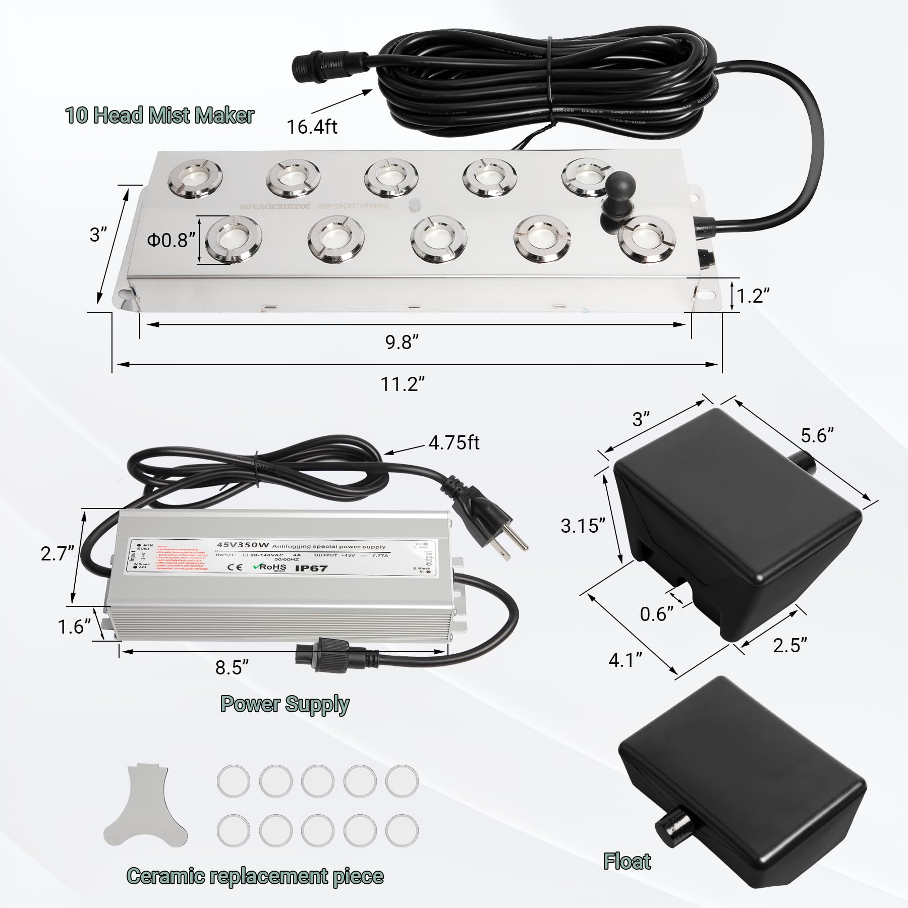 10-Head Ultrasonic Fogger with Float - 7000ml/H High Output Mist Maker, 350W Waterproof Power Supply - Ideal for Ponds, Greenhouses, Rock Gardens & Halloween Decorations (Creates Mystical Atmosphere for Parties & Events)