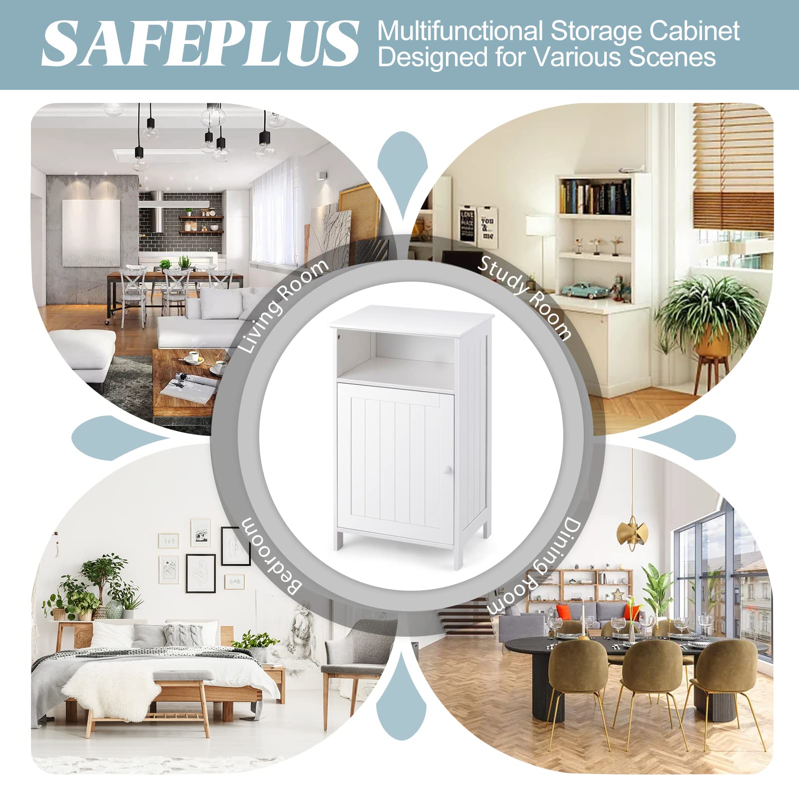 Safeplus Small Floor Storage Cabinet with Drawer & Door - White Bathroom Organizer for Toiletries, Towels & Cleaning Supplies | Perfect for Bathroom, Laundry Room & Small Space Organization