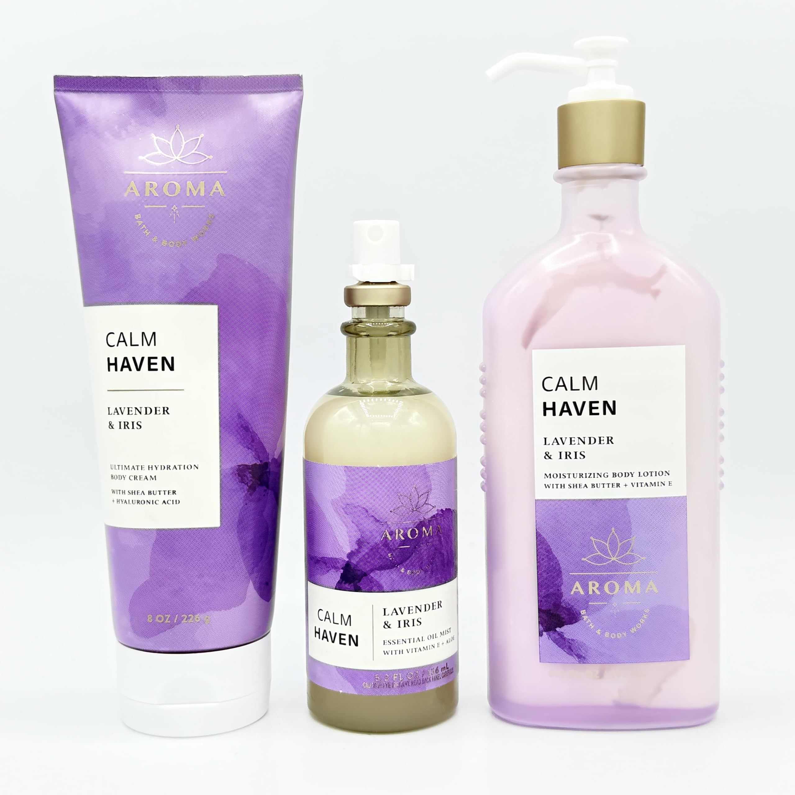 Lavender & Iris Aromatherapy Set - 3-Piece Bath & Body Bundle with Hydrating Body Cream, Essential Oil Mist & Moisturizing Lotion | Relaxing Spa Gift for Self-Care & Stress Relief