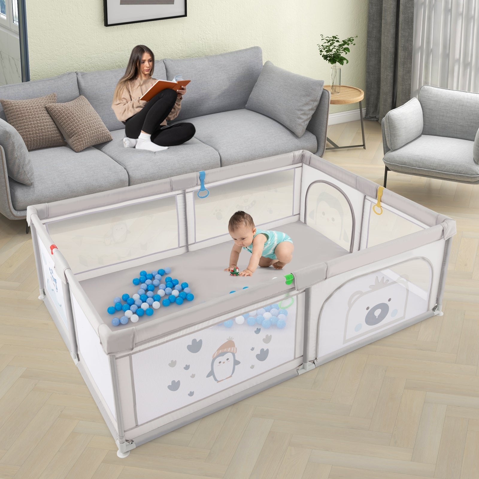 Large Baby Playpen with Pull Rings, Ocean Balls & Cute Penguin Pattern - Safe Play Area for Toddlers & Infants at Home or Daycare