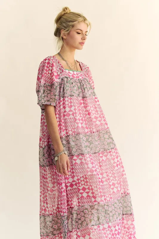 Floral Square Neck Puff Sleeve Maxi Dress for Women - Summer Boho Beach Wedding Guest Dress