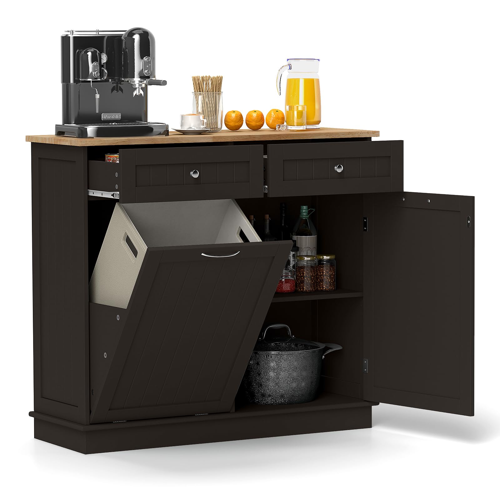 Tilt Out Trash Cabinet with 2 Drawers & Adjustable Shelf - Rubber Wood Countertop Laundry Storage Organizer - Recycle Bins for Kitchen, Dining Room, Bathroom - Space Saving Brown Cabinet for Home Organization