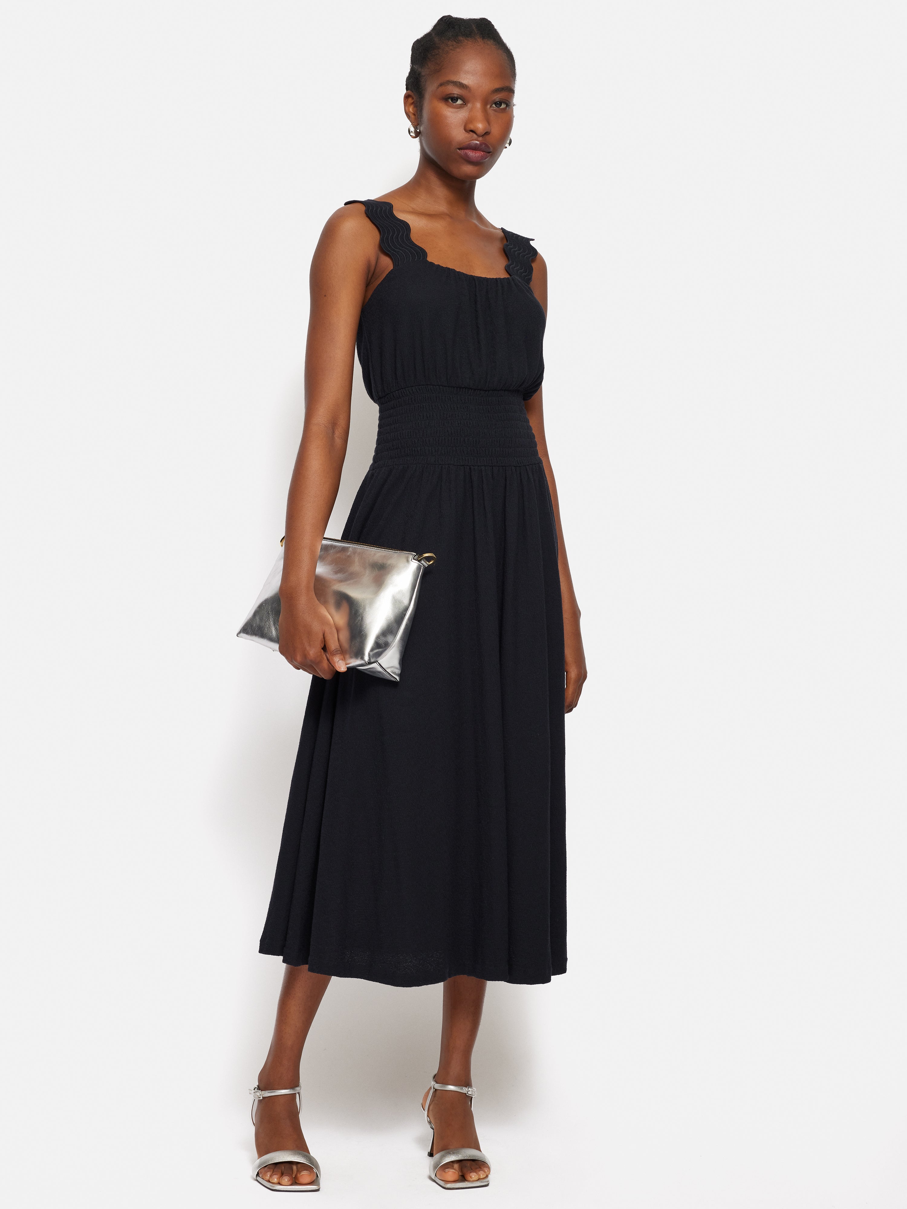 Ric Rac Shirred Dress for Women - Navy Blue Floral Summer Dress with Ruffles | Perfect for Beach, Vacation, and Casual Outings
