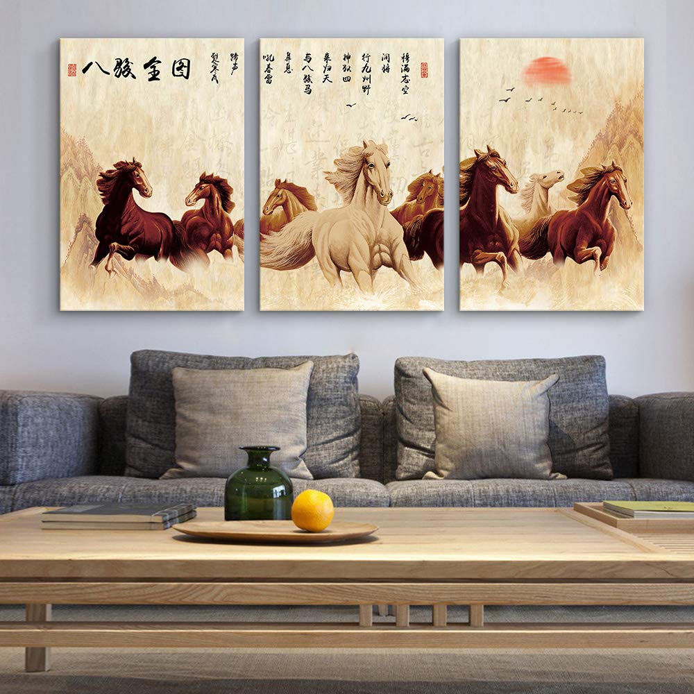 IDEA4WALL Chinese Eight Horses Painting Canvas Wall Art - 24x36 Inch Framed Home Decor (Set of 3 Panels) | Perfect for Living Room, Bedroom & Office Wall Decor