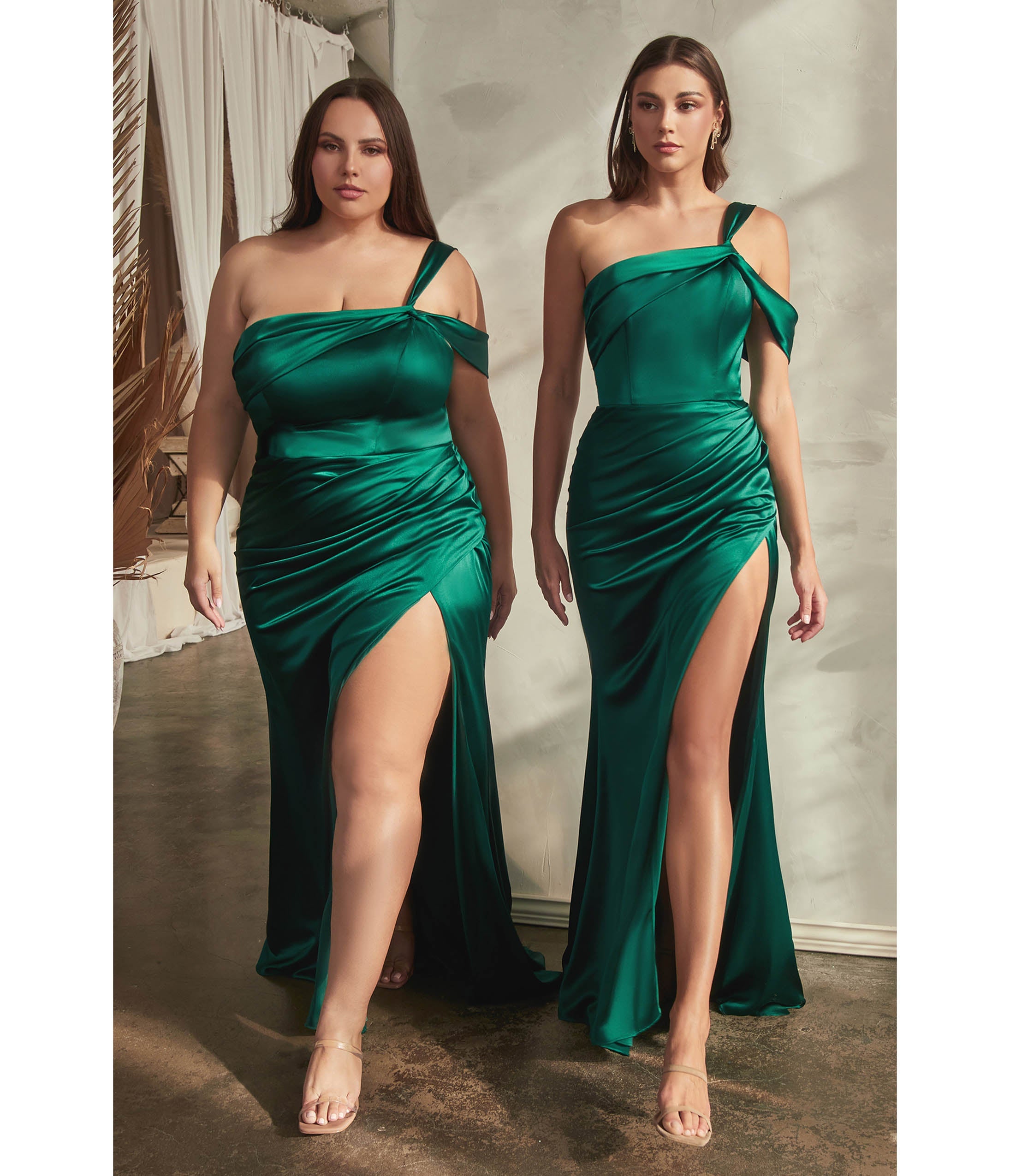 Ladivine by Cinderella Divine Plus Size Emerald Green Ruched Satin One Shoulder Formal Evening Gown for Prom, Wedding Guest, Cocktail Party & Special Occasions