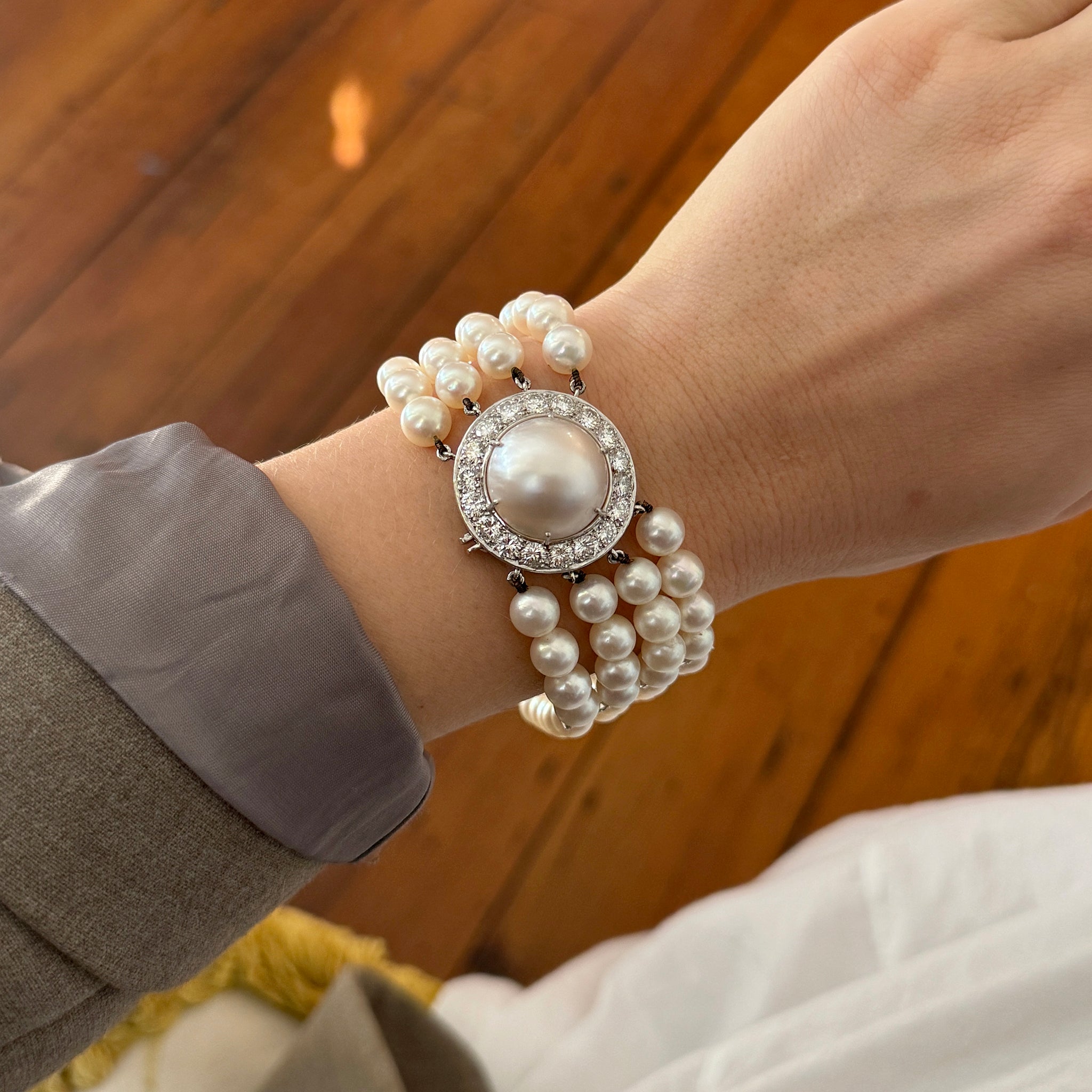 Vintage 7.16ctw Diamond & 4 Strand Pearl Platinum Bracelet - Elegant Jewelry for Weddings, Anniversaries & Special Occasions