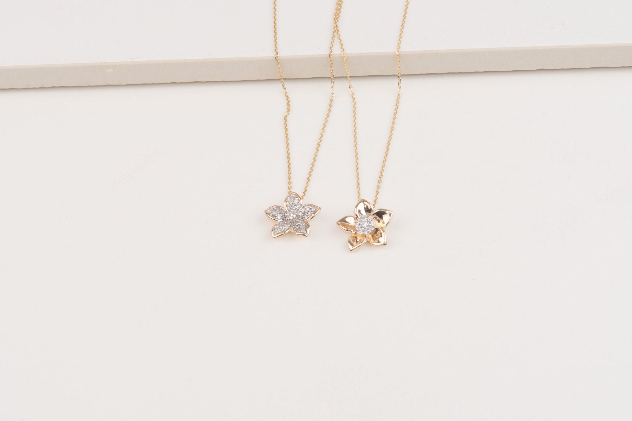 10K Yellow Gold Pave Five Flower Diamond Petal Necklace with Thin Gold Bezel - Elegant Dainty Jewelry for Women, Perfect for Weddings, Anniversaries & Special Occasions