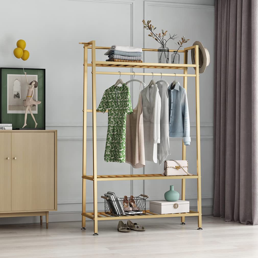 Gold Metal Clothing Rack for Boutiques & Stores - 3 Tier Free Standing Garment Rack with Shelves - Heavy Duty Clothes Organizer for Bedroom, Retail Shop & Home Use - Perfect for Displaying Dresses, Jackets & Accessories