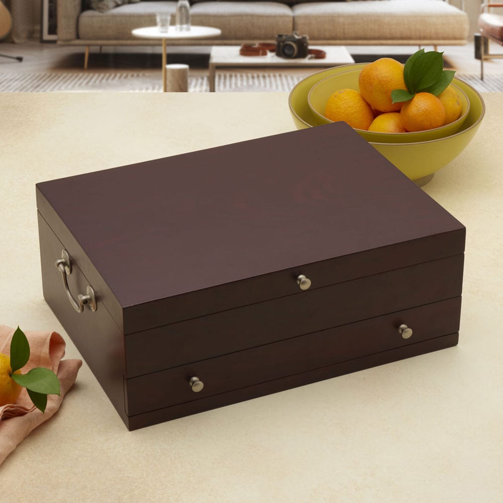 Dark Walnut Wooden Flatware Chest with Single Drawer - Perfect for Silverware Storage and Dining Table Organization