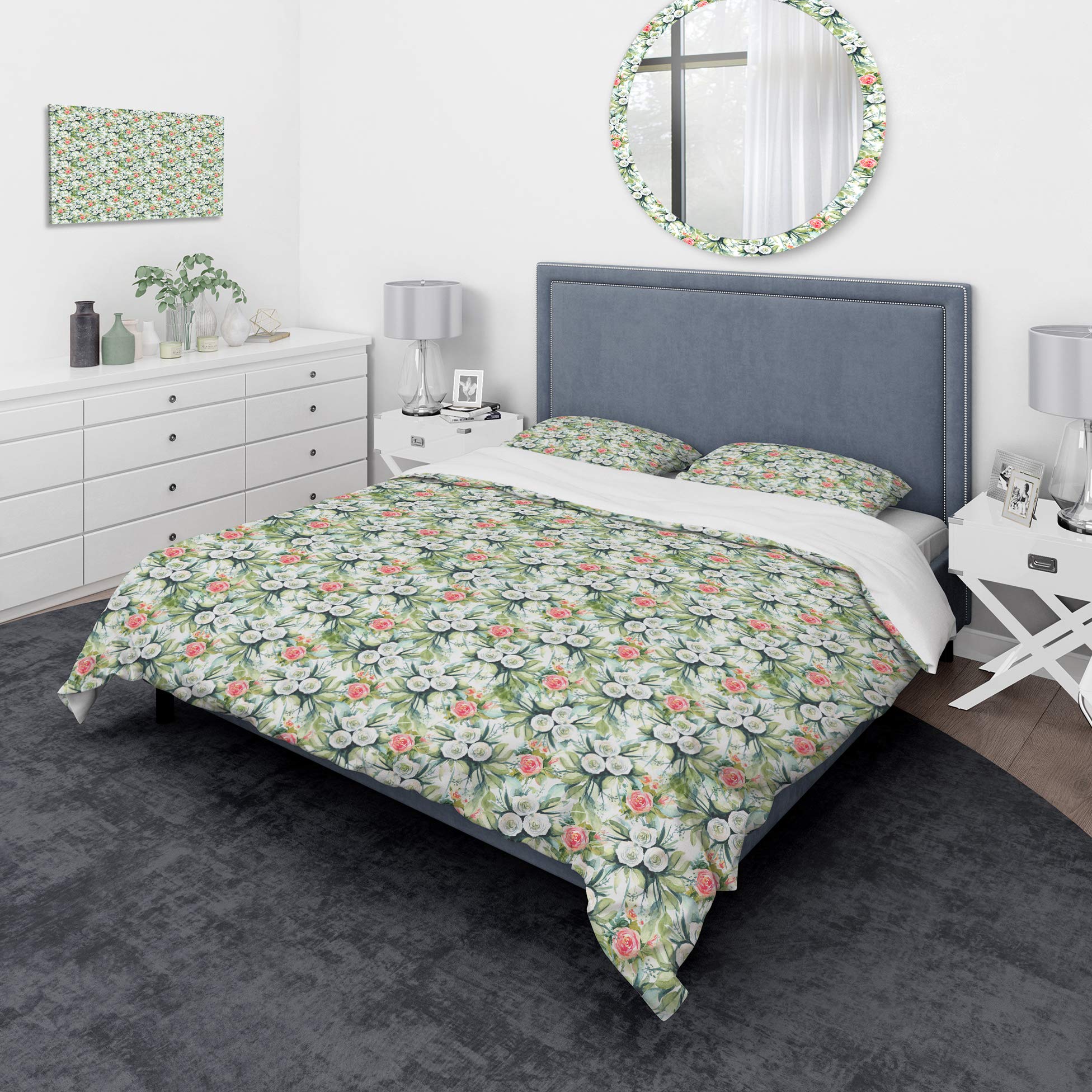 Floral Seamless Pattern Duvet Cover Set - Green Coastal Twin Bedding, 3-Piece All Season Nautical Design | Perfect for Beach House, Guest Room & Coastal-Themed Bedrooms