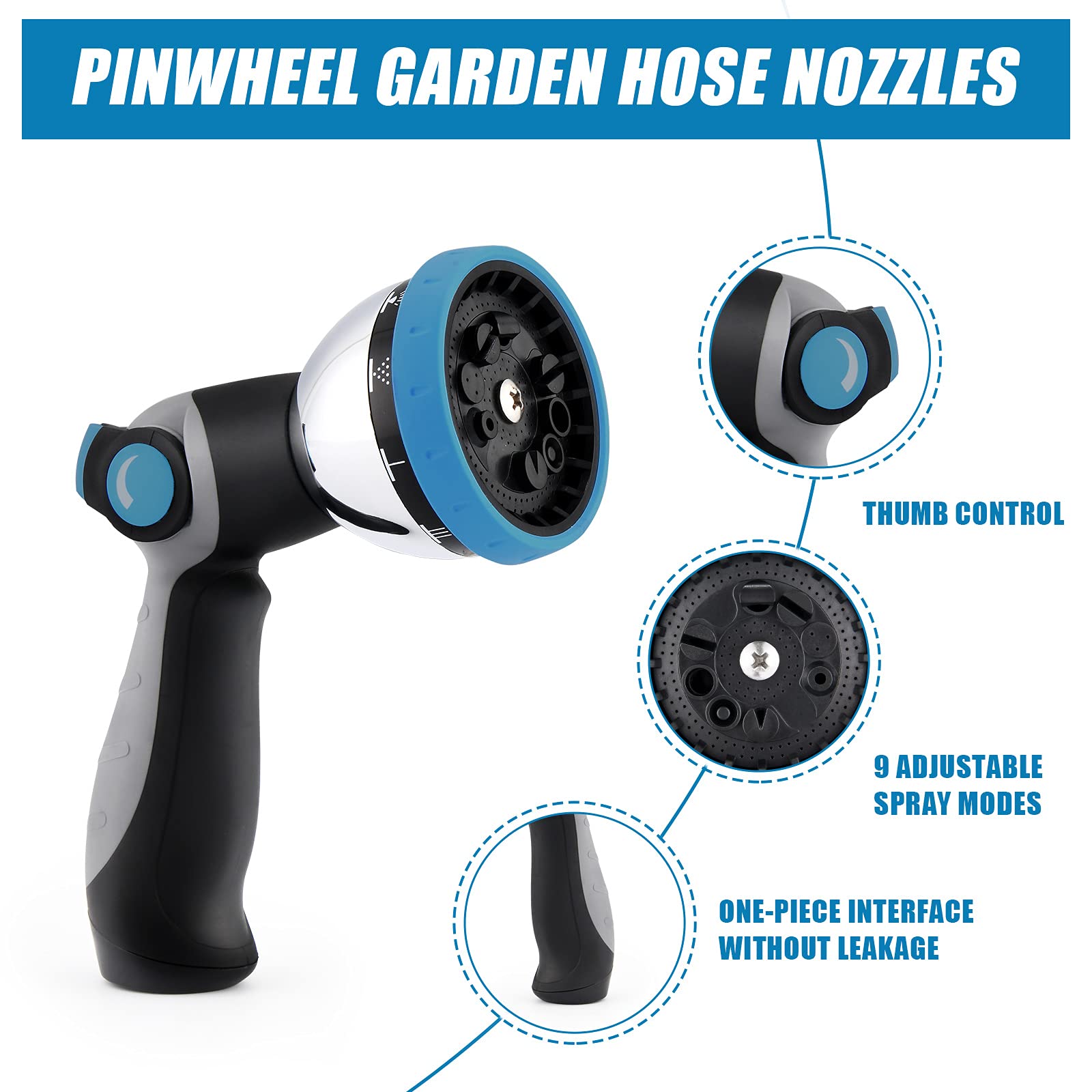 PinWheel Heavy Duty Thumb Control Garden Hose Nozzle - 9 Adjustable Spray Patterns, High Pressure Water Sprayer for Outdoor Plants, Car Washing & Lawn Care - Durable Metal Hose Nozzle for Gardening & Cleaning