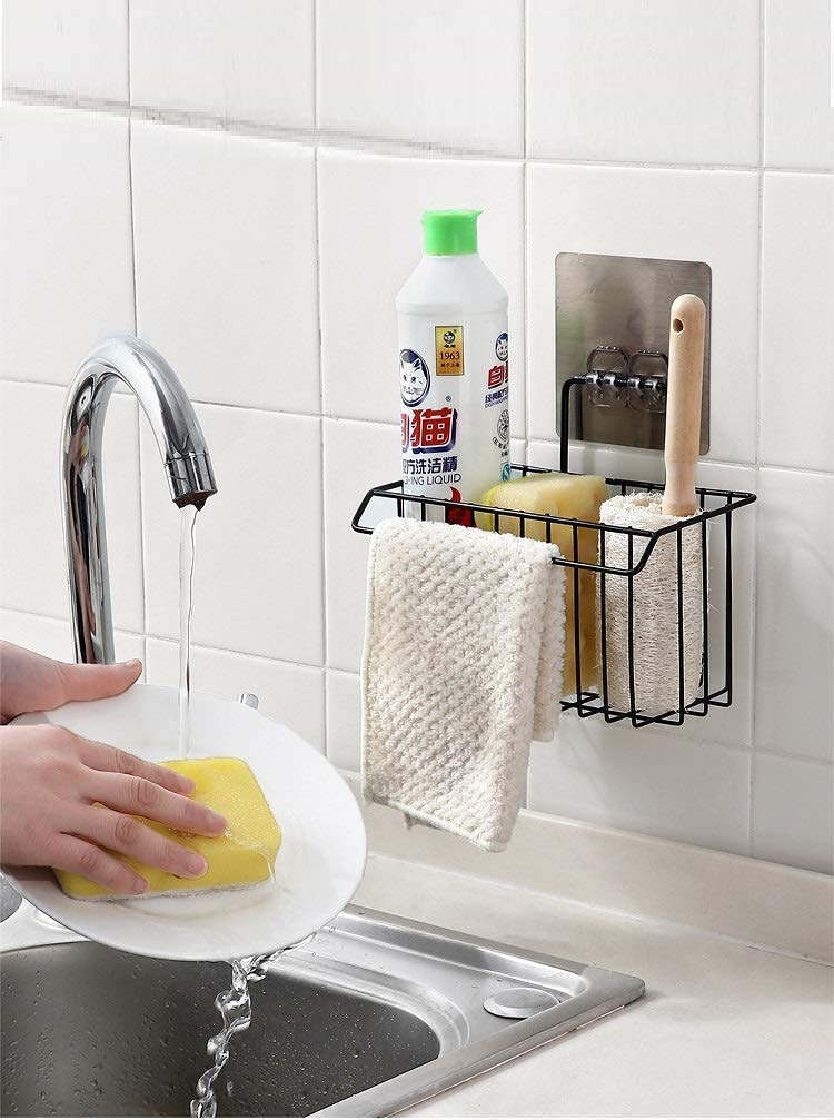 Premium Metal Sink Caddy Organizer - Rustproof Iron Sponge Holder & Drain Rack for Kitchen, Bathroom - Perfect for Brushes, Soap, Dishwashing Liquid, Towels, Shampoo & Cosmetic Bottles (Black) - Space-Saving Storage Solution for Countertops & Sinks