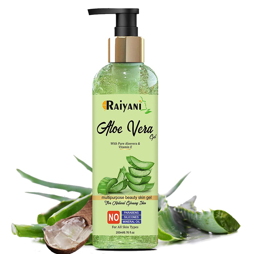 **Raiyani 99% Pure Organic Aloe Vera Gel for Face & Skin – Natural Moisturizer with Vitamin E, Paraben-Free, Silicone-Free, No Mineral Oil – 200ml | Hydrating, Soothing, Sunburn Relief, After-Shave Care**