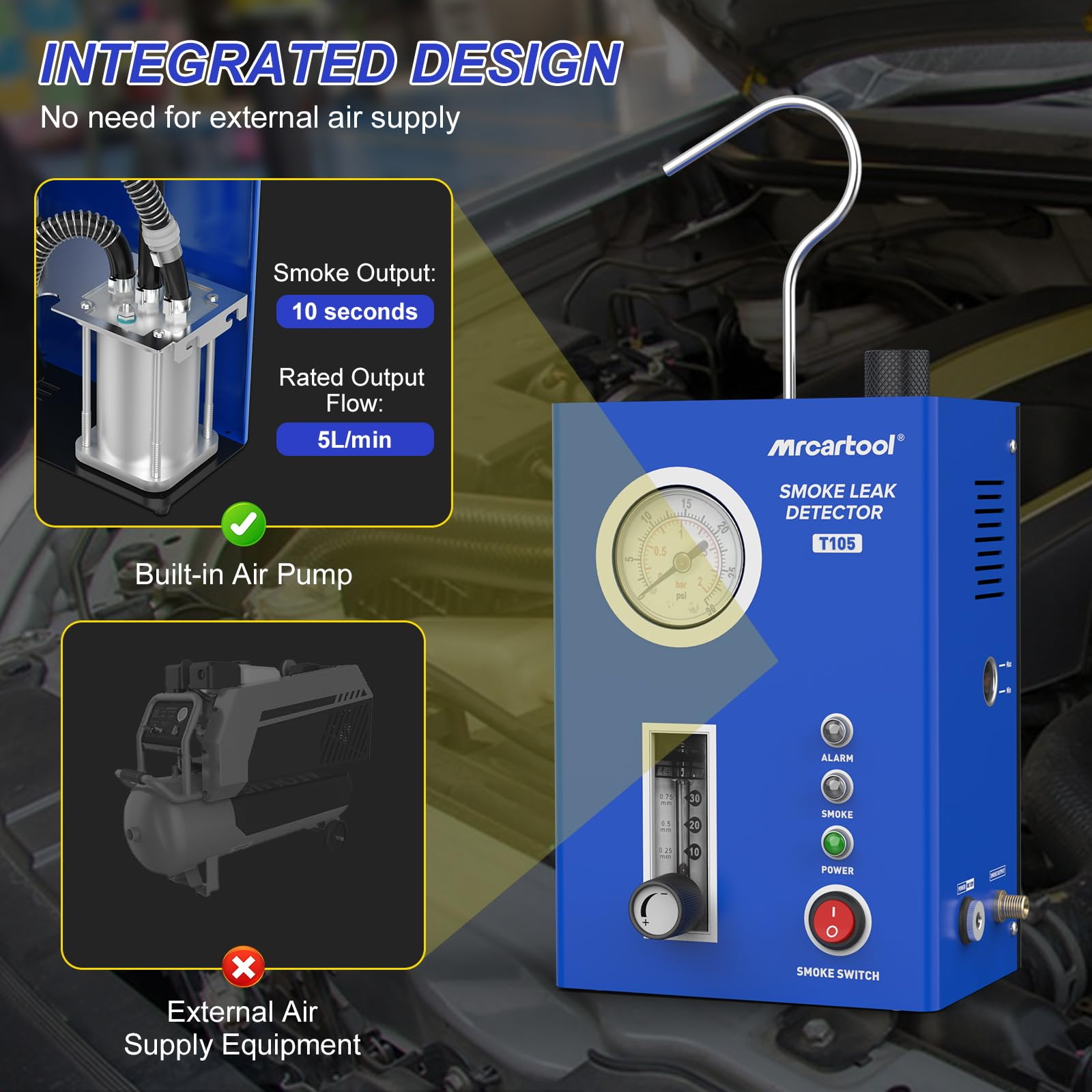 MR CARTOOL T105 Automotive Smoke Machine Leak Tester Kit - 12V DC Smoke Tester with Built-in Air Pump & Pressure Gauge - Vacuum Diagnostic Detector for Car AC System, EVAP, Fuel System & Engine Leak Detection (Ideal for Mechanics & DIY Auto Repair)
