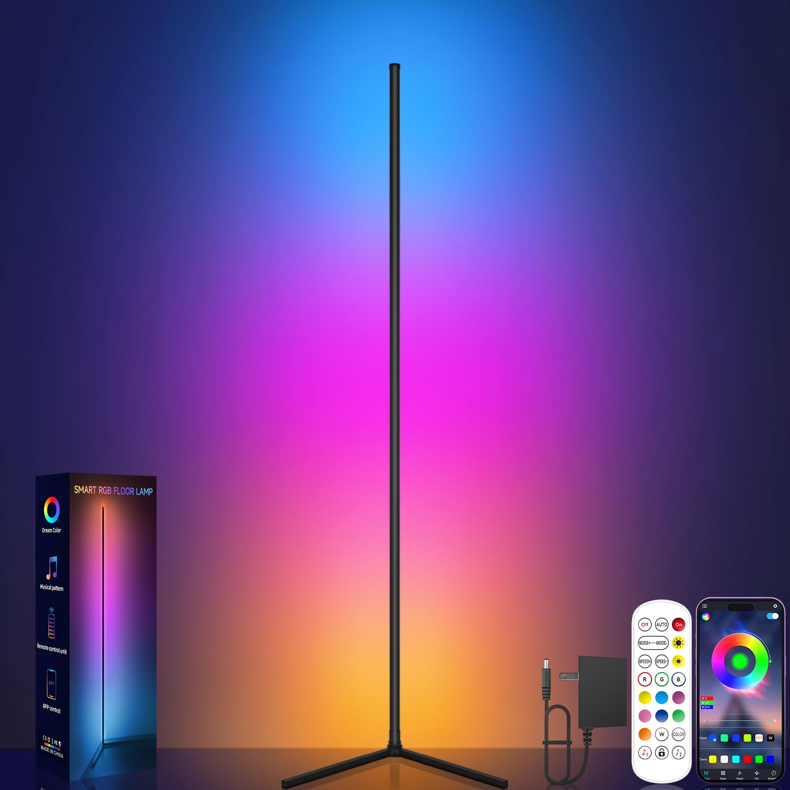 RGB LED Corner Floor Lamp with Music Sync - 16 Million Colors, Smart App & Remote Control for Bedroom, Living Room & Gaming Room - Perfect for Mood Lighting, Parties & Home Decor