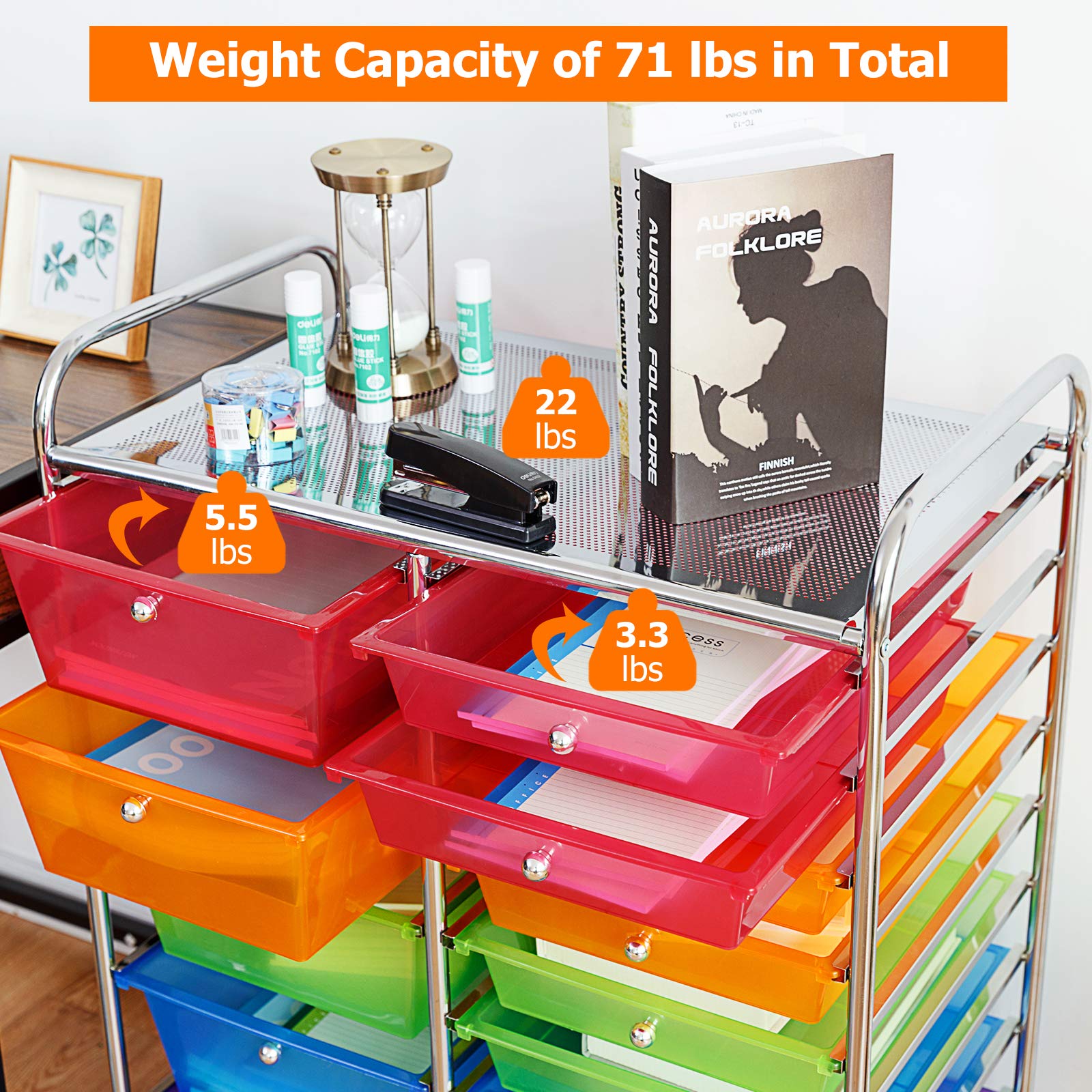 Byroce 15-Drawer Rolling Storage Cart - Mobile Organizer for Art Supplies, School Tools & Craft Paper - Multipurpose Wheeled Cart for Classroom, Home Office & Craft Room (Rainbow) - Perfect for Teachers, Artists & DIY Enthusiasts