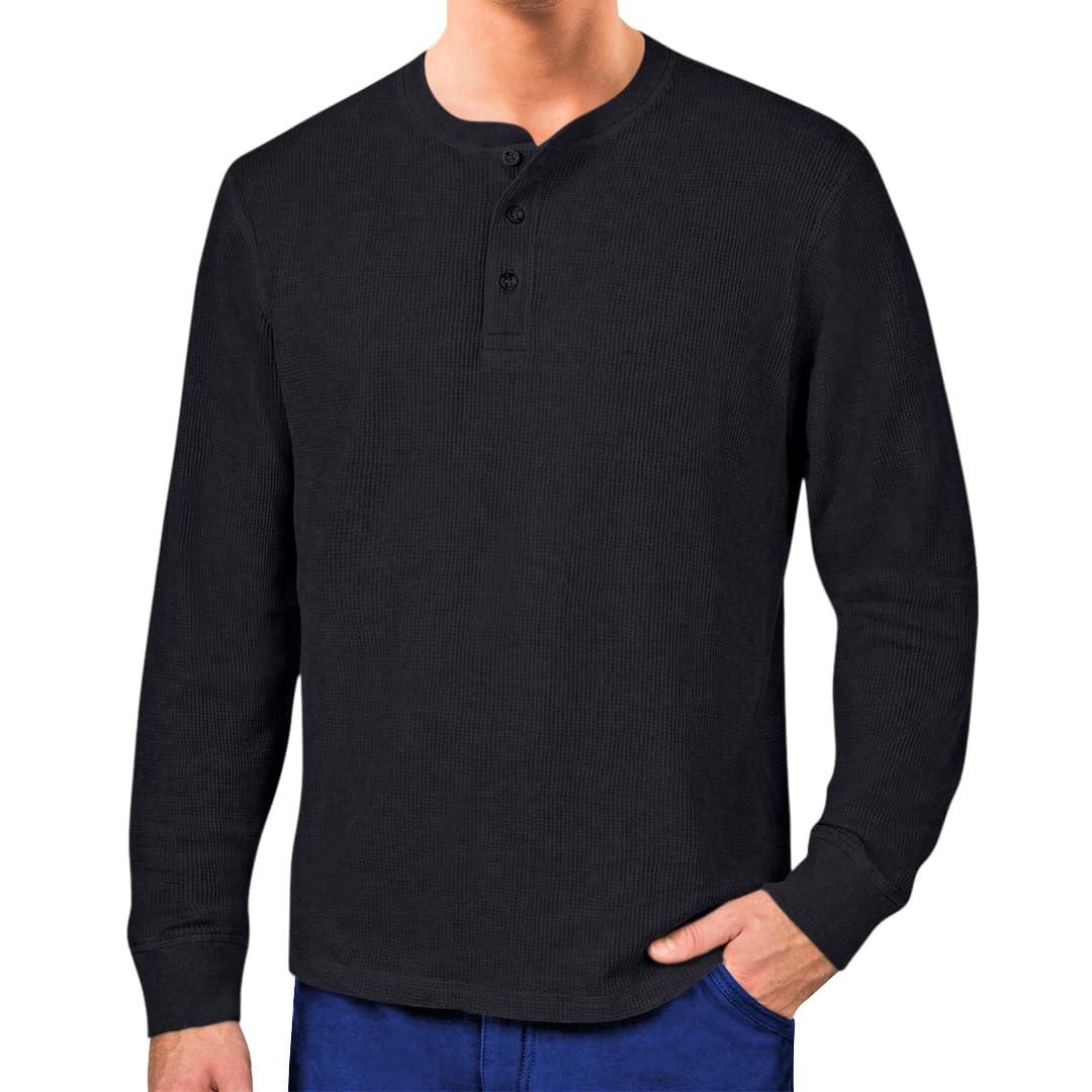Men's Waffle Knit Henley Long Sleeve Shirt - Breathable Casual T-Shirt for Everyday Wear | Perfect for Work, Weekend Outings & Date Nights