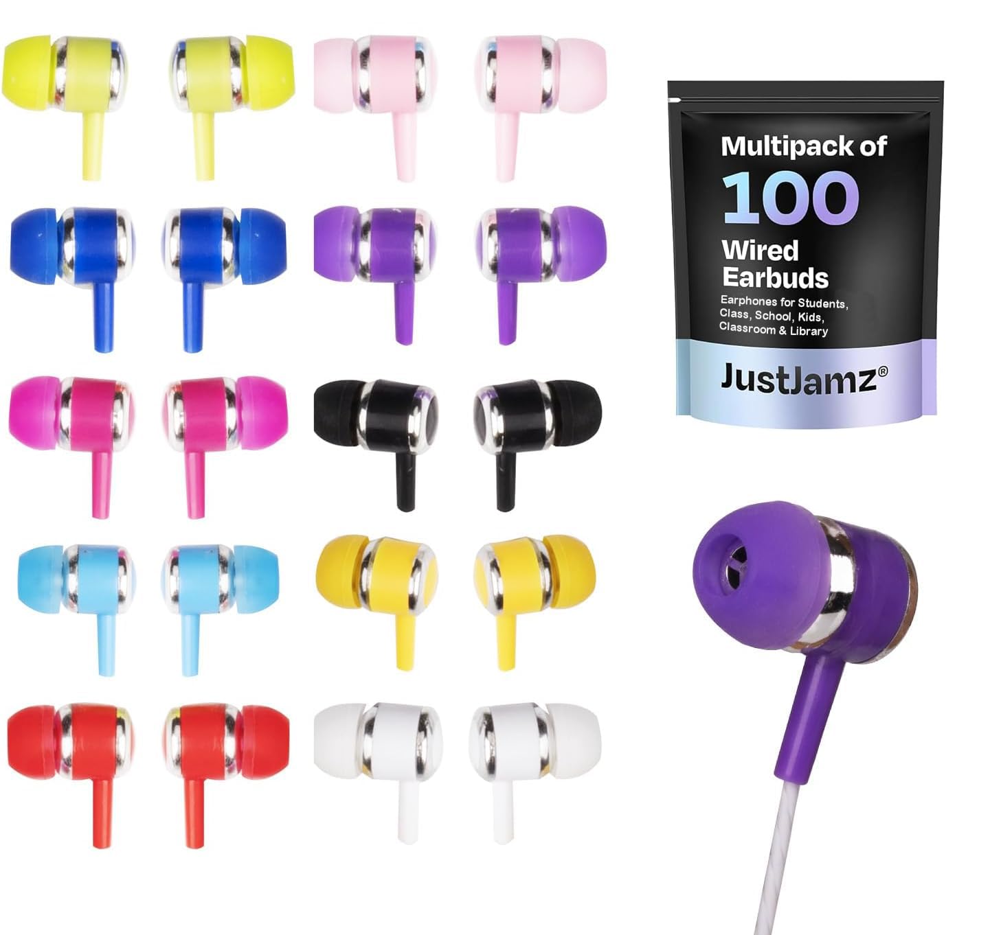 100-Pack Colorful in-Ear Earbuds Bulk Set - JustJamz Marbles Disposable Headphones with 3.5mm Jack for Kids & Adults (12 Assorted Colors) - Perfect for Schools, Gyms, Travel & Events