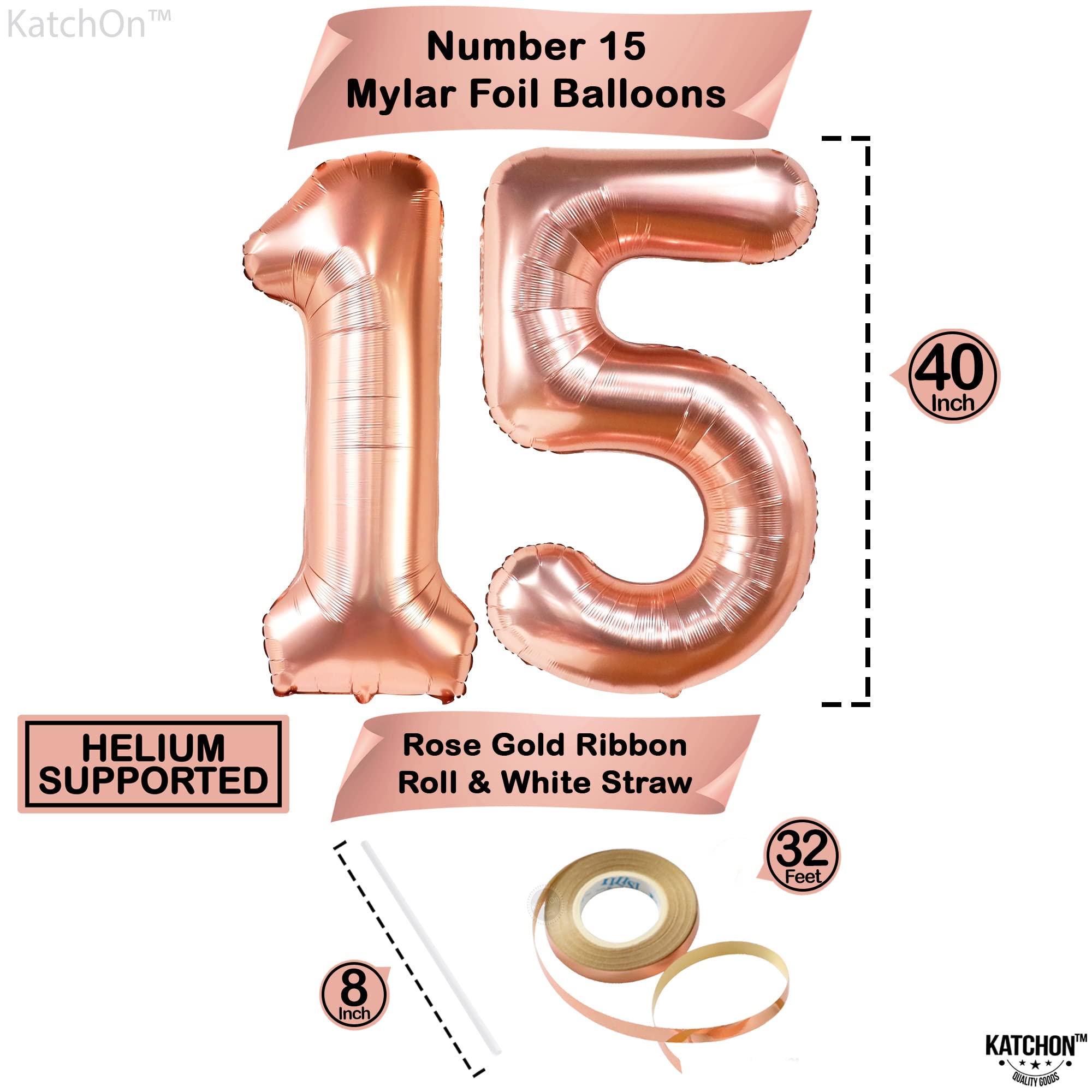 KatchOn 15th Birthday Balloons - 40 Inch Giant Rose Gold Number 15 with Confetti | Quinceañera & Sweet 16 Party Decorations | Perfect for Girls' Birthday Celebrations, Photo Backdrops & Milestone Events
