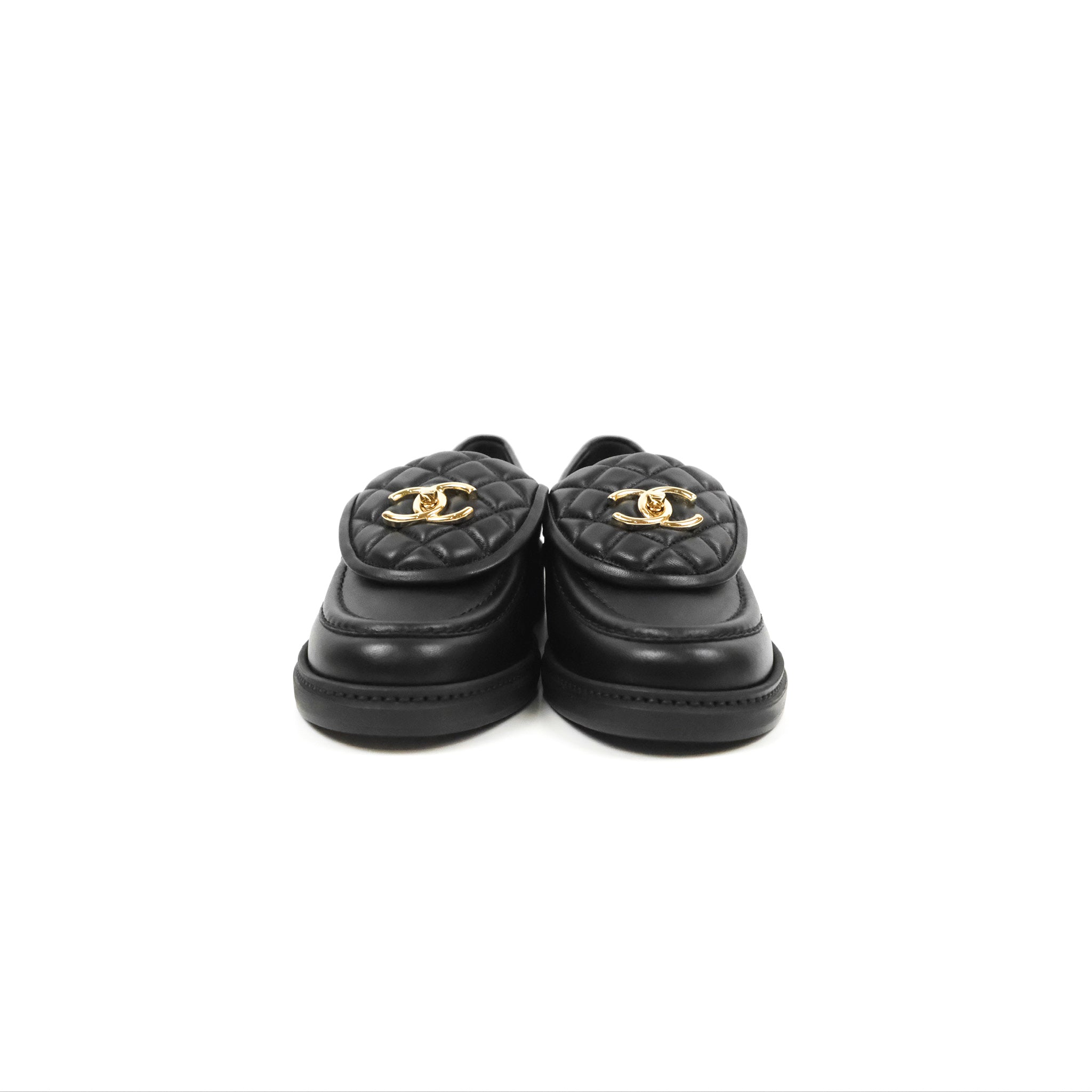 Chanel CC Turnlock Loafers - Quilted Black Calfskin Leather Shoes with Gold Hardware - Women's Size 37.5 (US 7) - Luxury Designer Flats for Work, Office & Formal Occasions