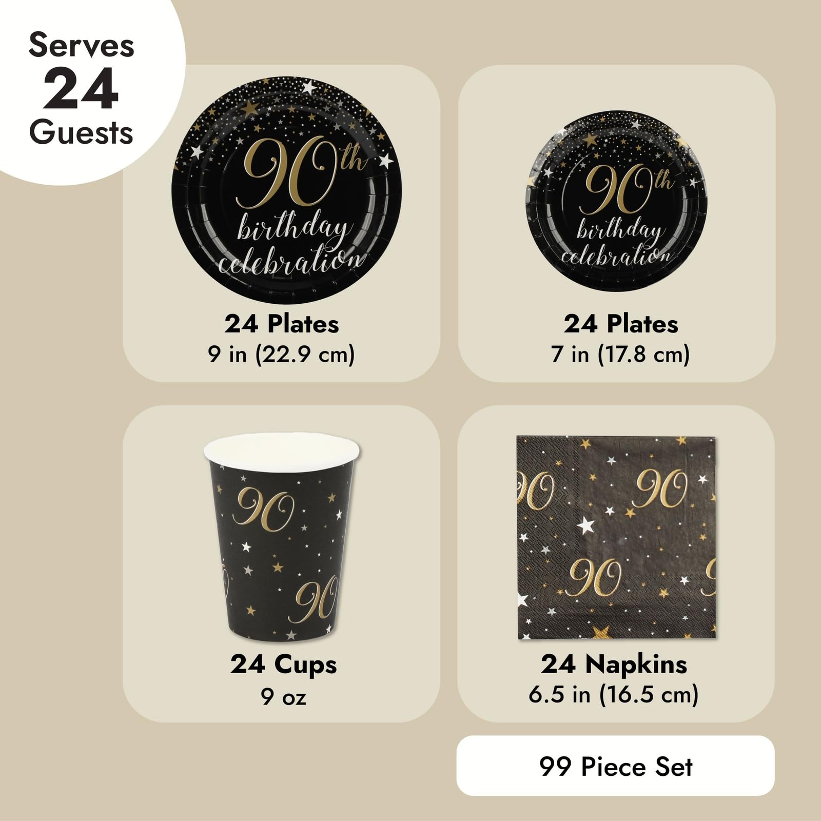 Sparkle and Bash 90th Birthday Party Supplies Kit - 24-Person Black & Gold Decor Set with Plates, Napkins, Cups, Tablecloths & Banner | Perfect for Milestone Celebrations, Retirement Parties & Golden Anniversary Decorations