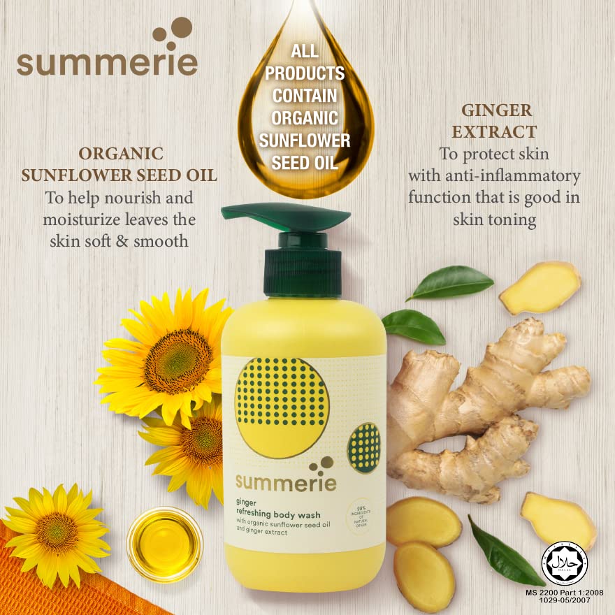 Summerie Ginger Refreshing Body Wash for Women - Organic Sunflower Seed Oil Enriched | Hydrating, Anti-Inflammatory & Soothing Body Cleanser | Paraben & SLS Free | 325ml | Perfect for Summer Refreshment & Sensitive Skin Care